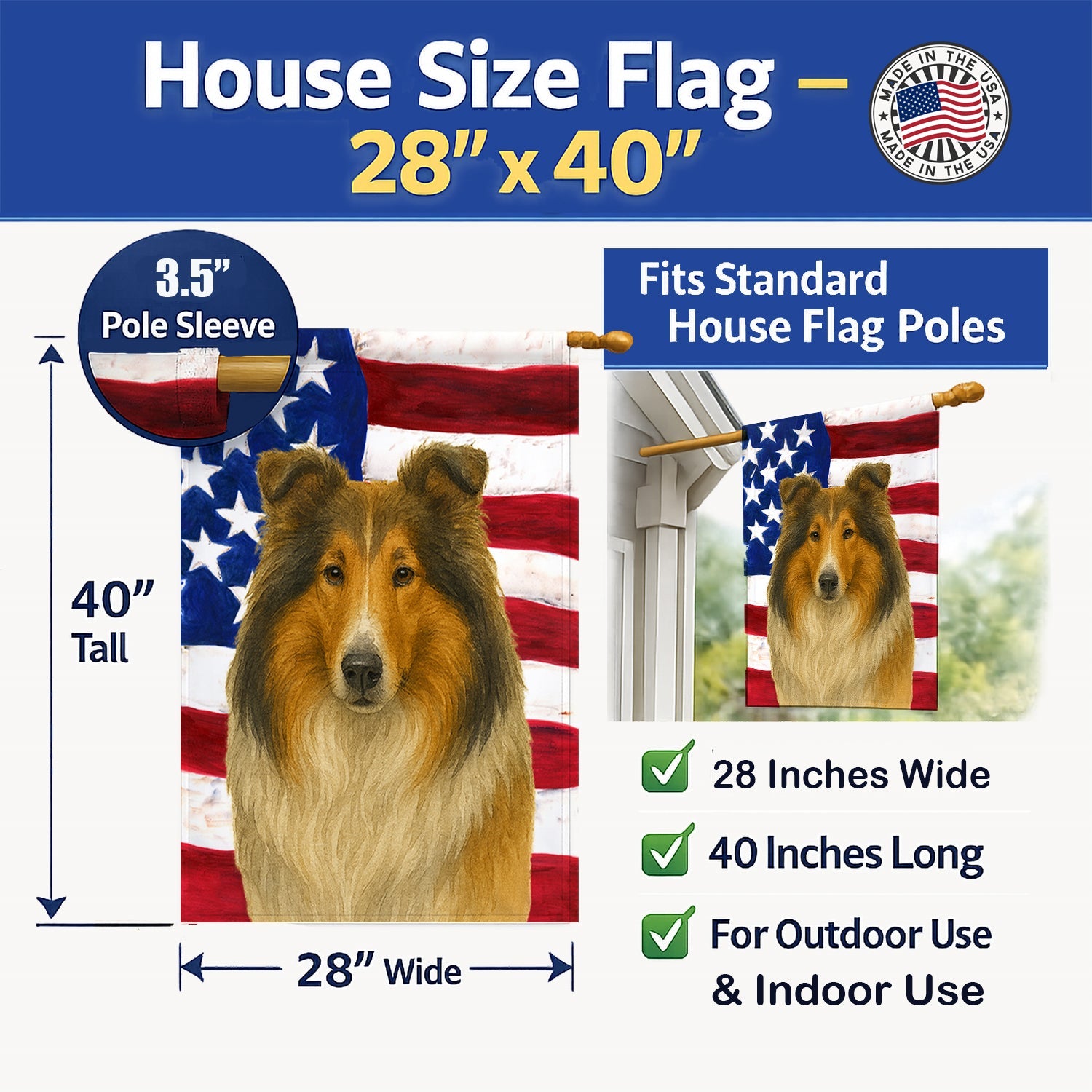 Sable and White Merle Collie American Flag House Flag 28x40 Porch Sleeve Pole Decorative Outside Yard Banner Artwork Wall Hanging, Polyester