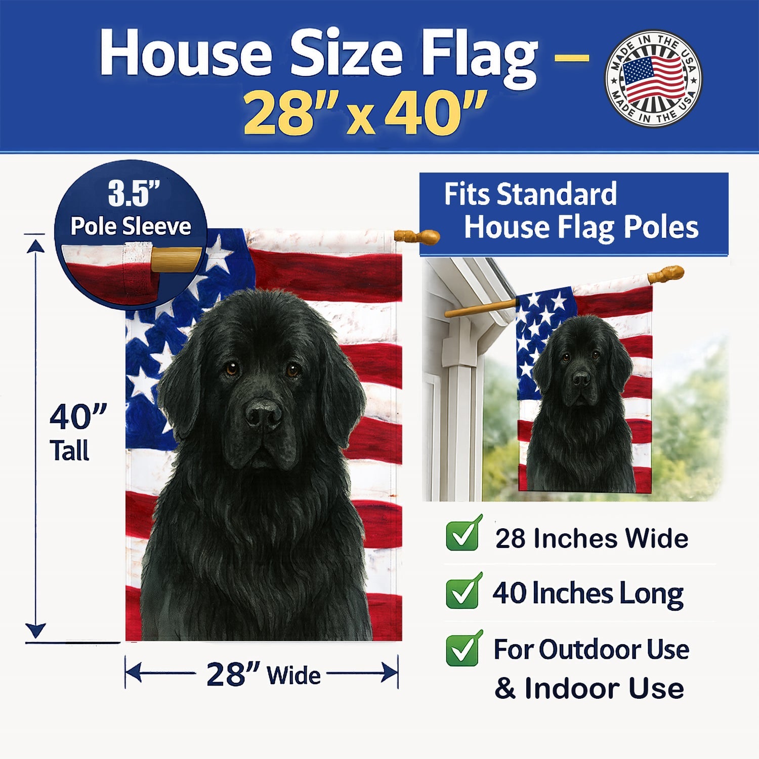 Black Newfoundland American Flag House Flag 28x40 Porch Sleeve Pole Decorative Outside Yard Banner Artwork Wall Hanging, Polyester