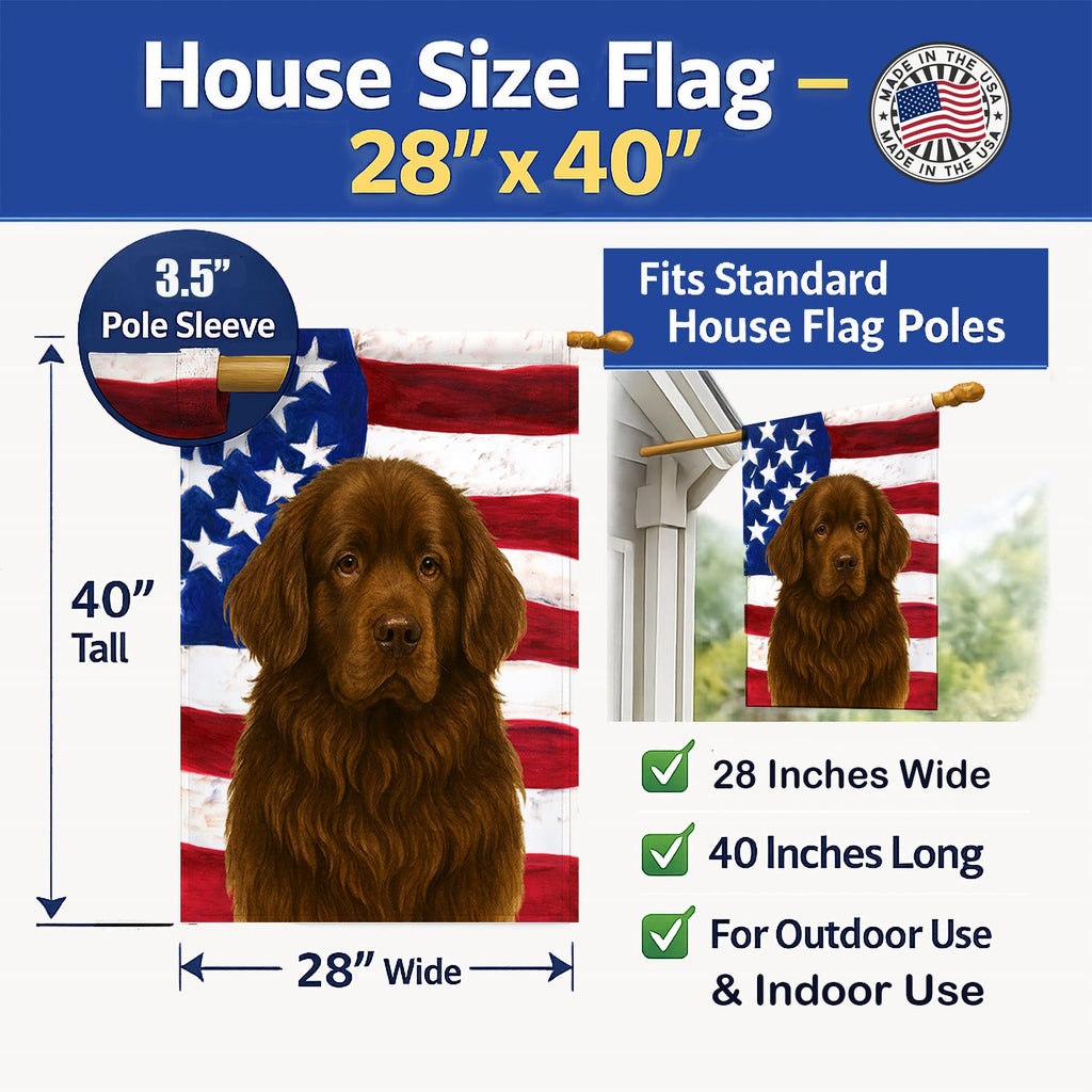 Brown Newfoundland American Flag House Flag 28x40 Porch Sleeve Pole Decorative Outside Yard Banner Artwork Wall Hanging, Polyester