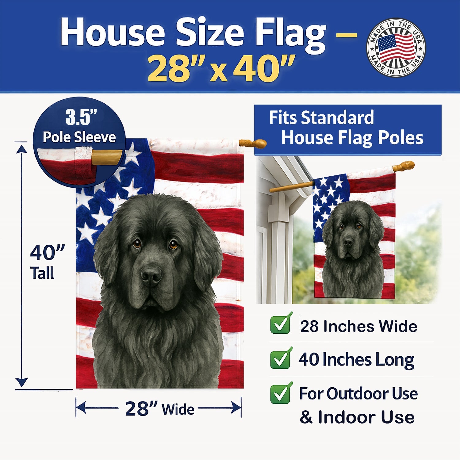 Gray Newfoundland American Flag House Flag 28x40 Porch Sleeve Pole Decorative Outside Yard Banner Artwork Wall Hanging, Polyester