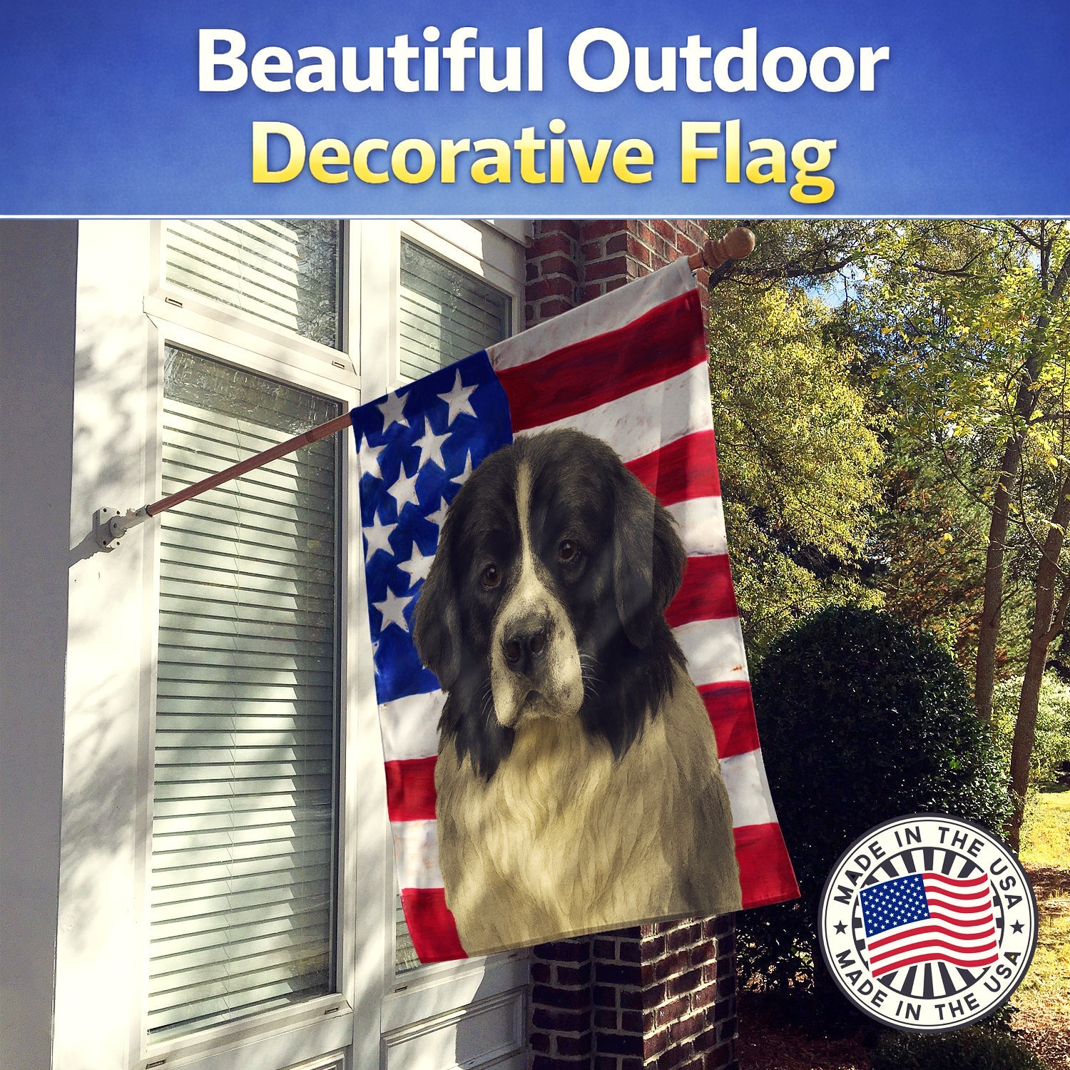 Landseer Newfoundland American Flag House Flag 28x40 Porch Sleeve Pole Decorative Outside Yard Banner Artwork Wall Hanging, Polyester