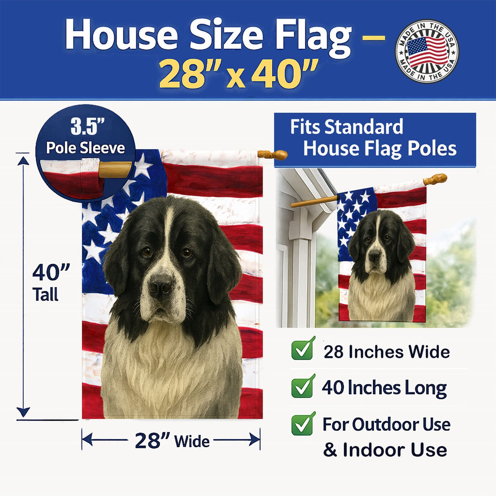 Landseer Newfoundland American Flag House Flag 28x40 Porch Sleeve Pole Decorative Outside Yard Banner Artwork Wall Hanging, Polyester
