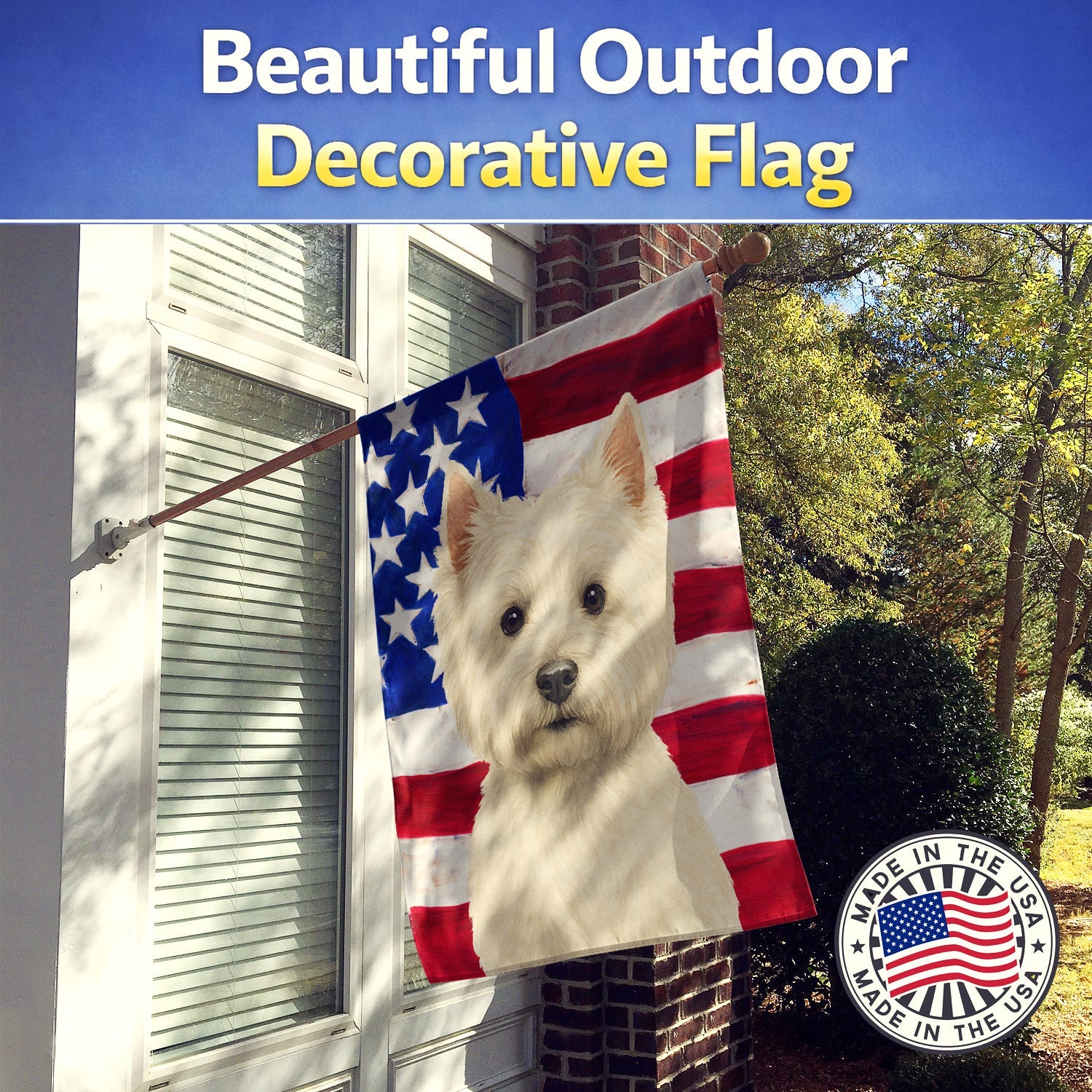 Westie American Flag House Flag 28x40 Porch Sleeve Pole Decorative Outside Yard Banner Artwork Wall Hanging, Polyester