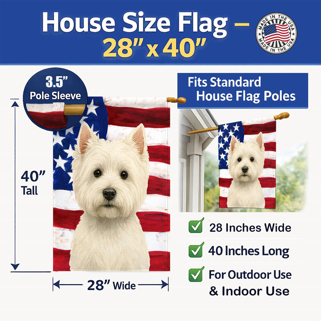 Westie American Flag House Flag 28x40 Porch Sleeve Pole Decorative Outside Yard Banner Artwork Wall Hanging, Polyester
