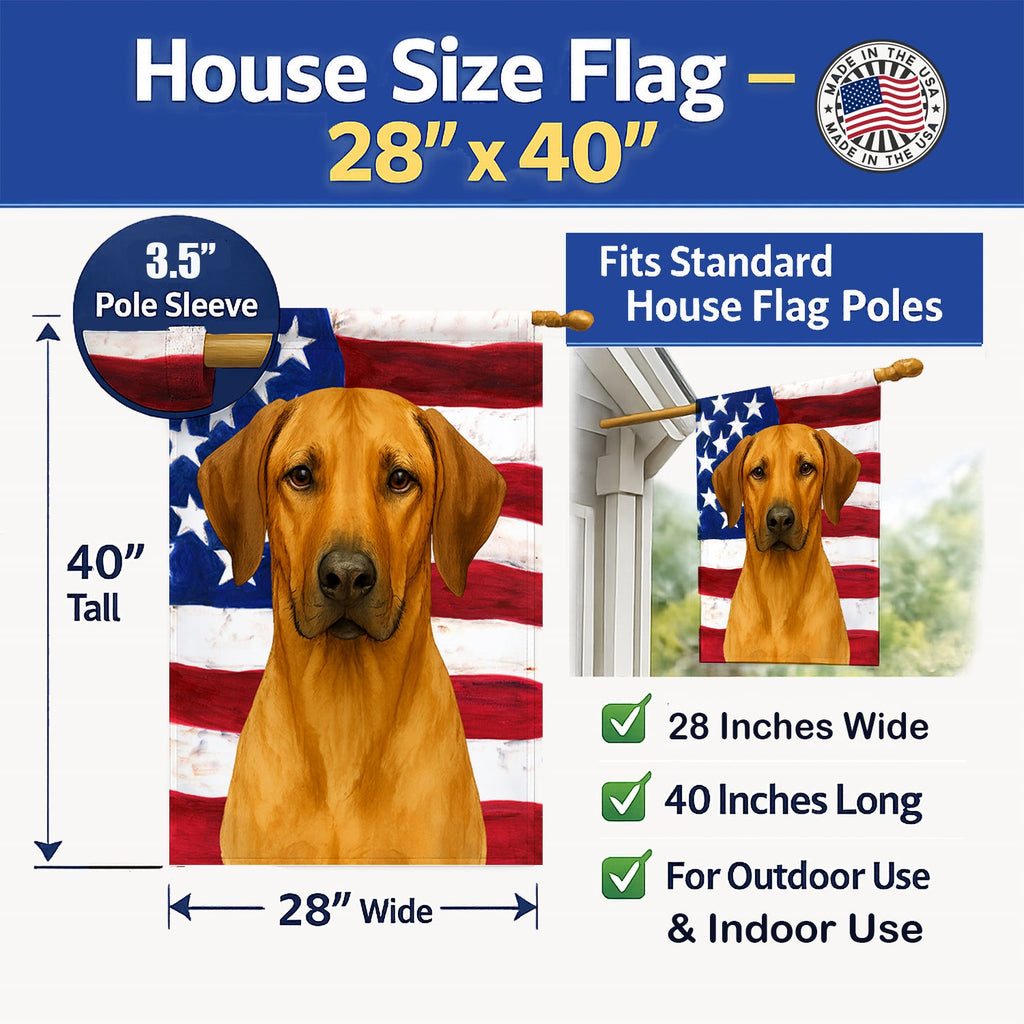 Rhodesian Ridgeback American Flag House Flag 28x40 Porch Sleeve Pole Decorative Outside Yard Banner Artwork Wall Hanging, Polyester