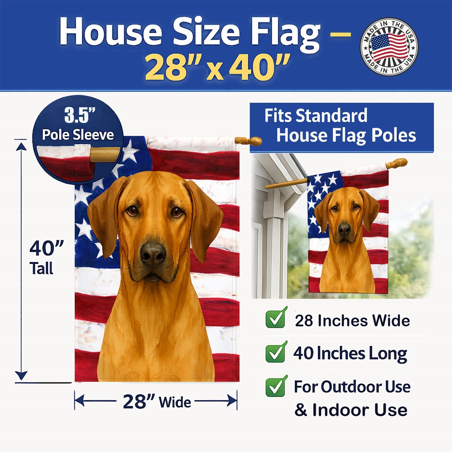 Rhodesian Ridgeback American Flag House Flag 28x40 Porch Sleeve Pole Decorative Outside Yard Banner Artwork Wall Hanging, Polyester
