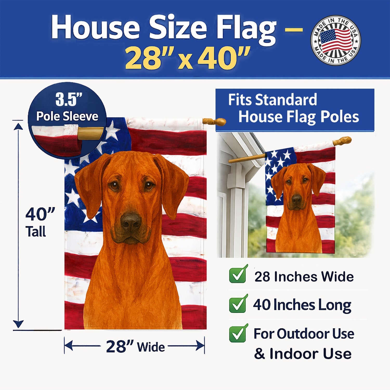 Red Rhodesian Ridgeback American Flag House Flag 28x40 Porch Sleeve Pole Decorative Outside Yard Banner Artwork Wall Hanging, Polyester