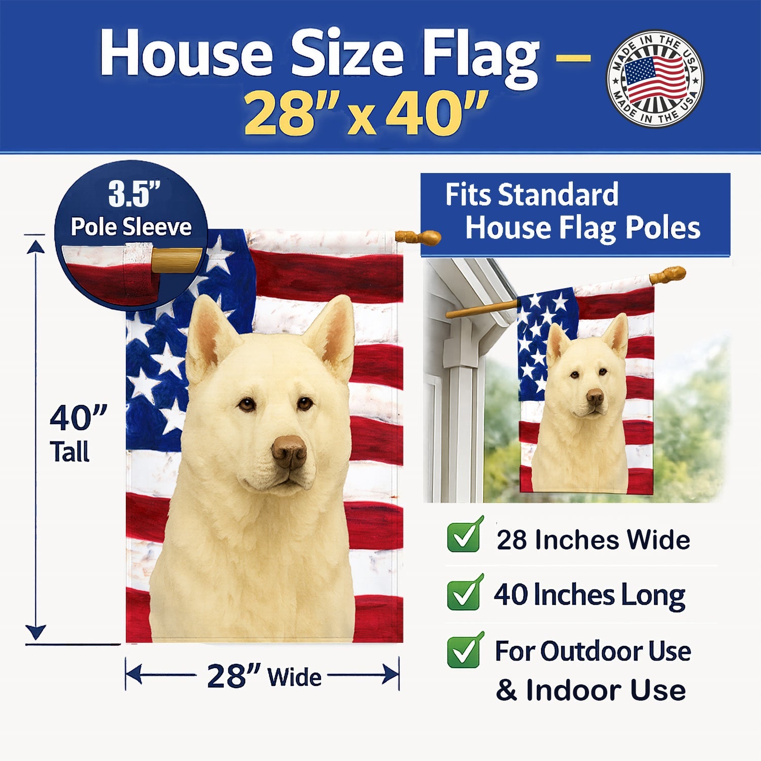 White Akita American Flag House Flag 28x40 Porch Sleeve Pole Decorative Outside Yard Banner Artwork Wall Hanging, Polyester