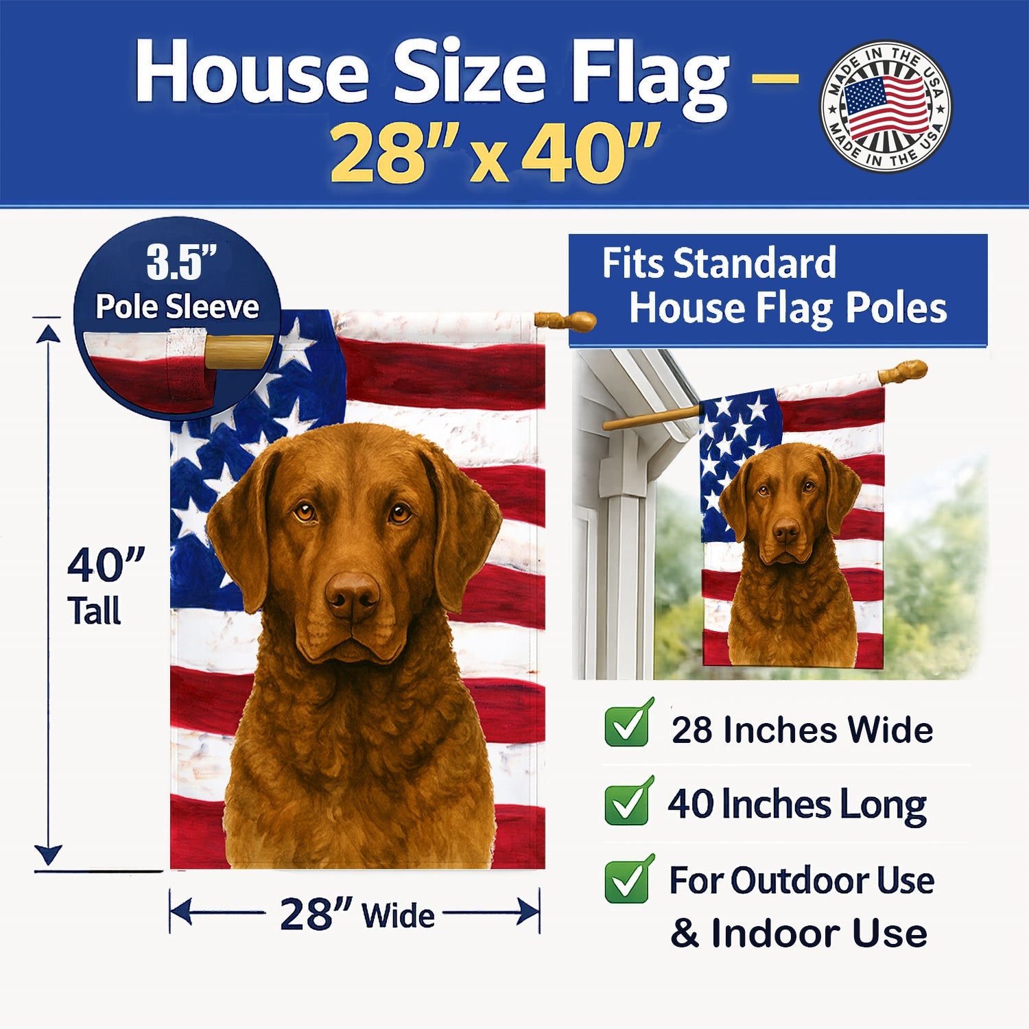 Brown Chesapeake Bay Retriever American Flag House Flag 28x40 Porch Sleeve Pole Decorative Outside Yard Banner Artwork Wall Hanging, Polyester