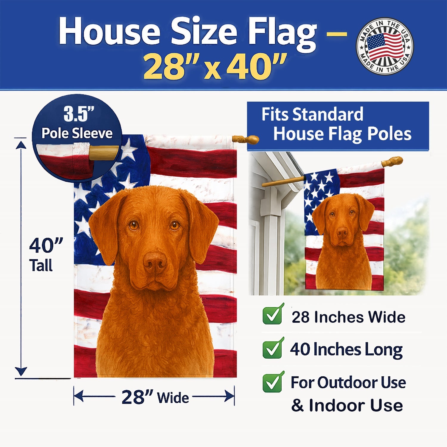 Sedge Chesapeake Bay Retriever American Flag House Flag 28x40 Porch Sleeve Pole Decorative Outside Yard Banner Artwork Wall Hanging, Polyester