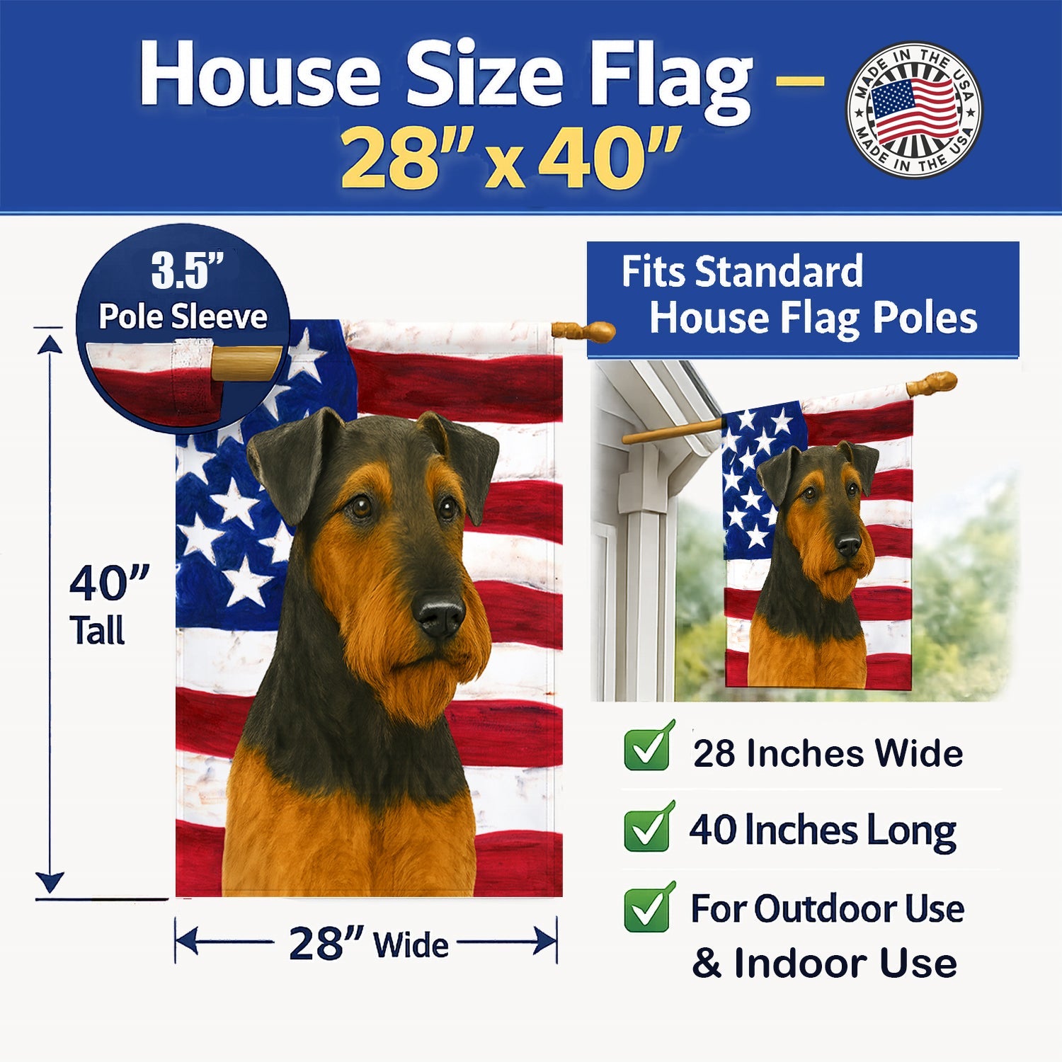 Black and Tan Airedale Terrier American Flag House Flag 28x40 Porch Sleeve Pole Decorative Outside Yard Banner Artwork Wall Hanging, Polyester
