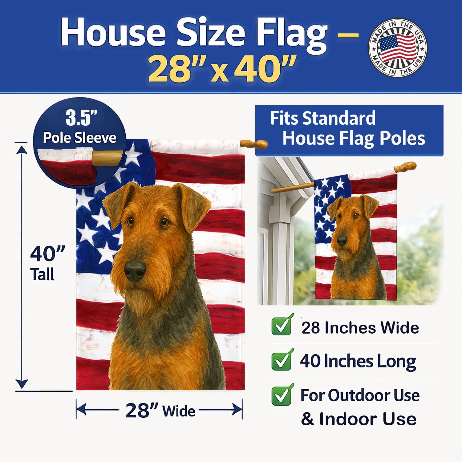 Grizzle and Tan Airedale Terrier American Flag House Flag 28x40 Porch Sleeve Pole Decorative Outside Yard Banner Artwork Wall Hanging, Polyester