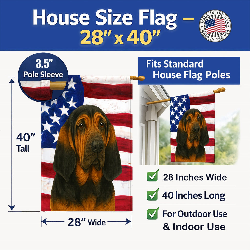 Black and Tan Bloodhound American Flag House Flag 28x40 Porch Sleeve Pole Decorative Outside Yard Banner Artwork Wall Hanging, Polyester