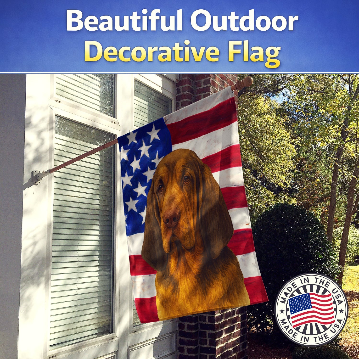 Liver and Tan Bloodhound American Flag House Flag 28x40 Porch Sleeve Pole Decorative Outside Yard Banner Artwork Wall Hanging, Polyester