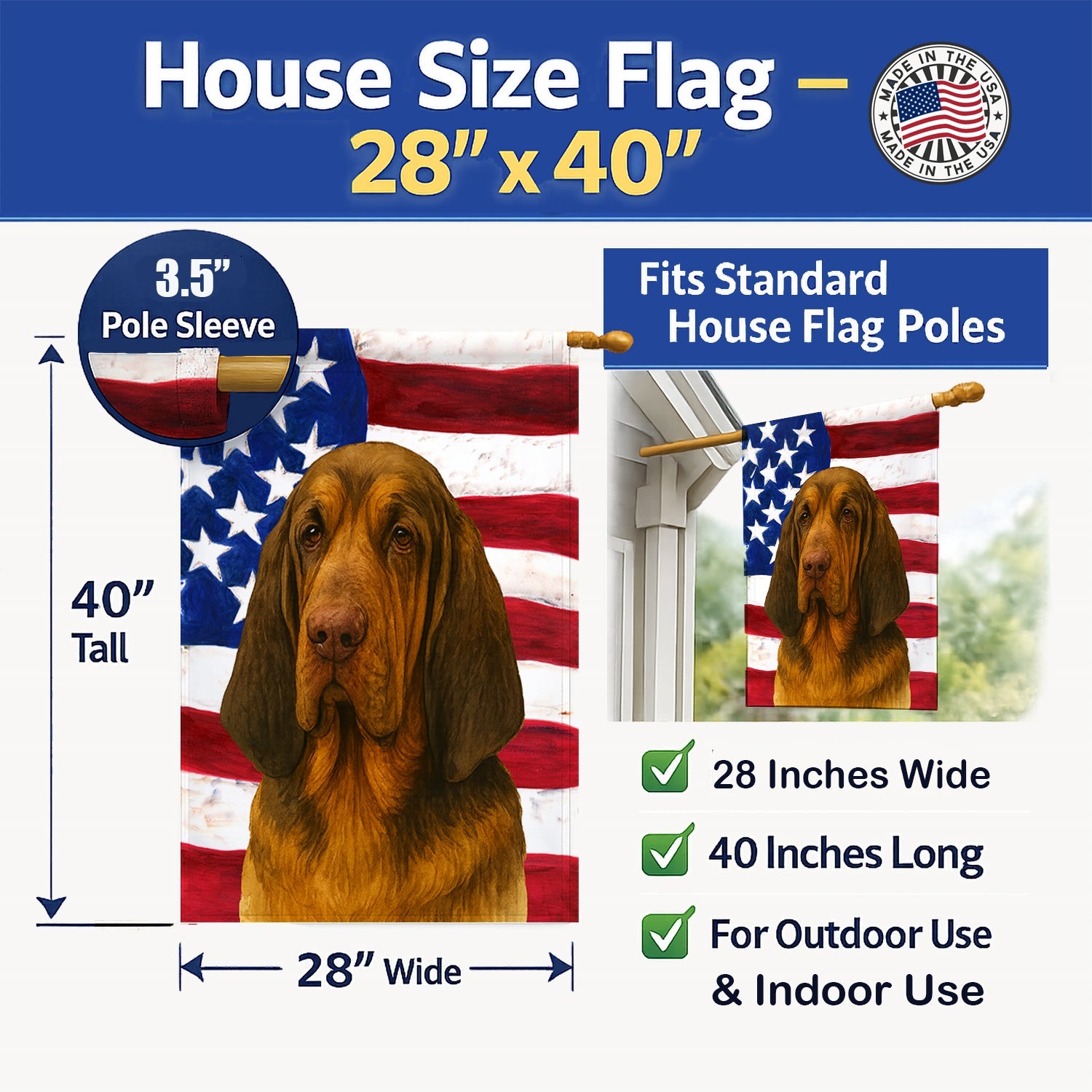 Liver and Tan Bloodhound American Flag House Flag 28x40 Porch Sleeve Pole Decorative Outside Yard Banner Artwork Wall Hanging, Polyester