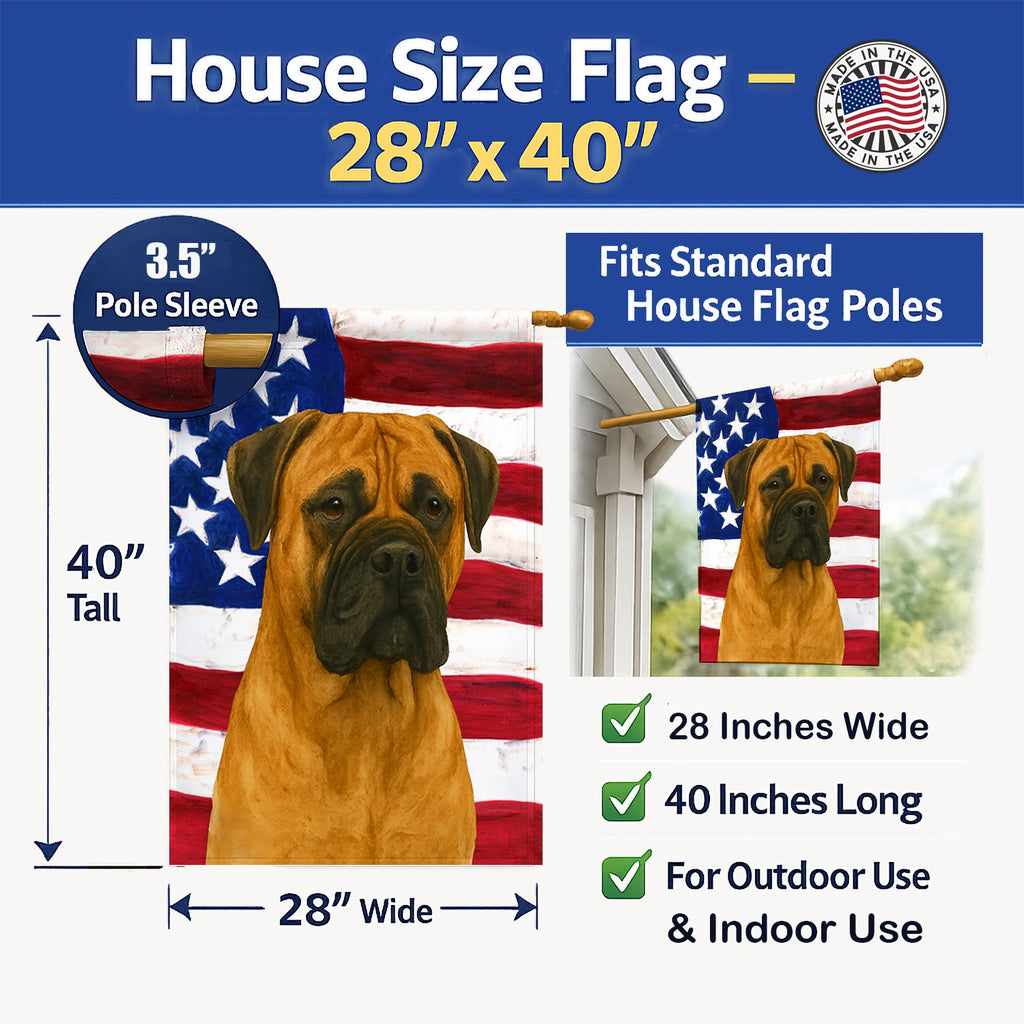 Fawn Bullmastiff American Flag House Flag 28x40 Porch Sleeve Pole Decorative Outside Yard Banner Artwork Wall Hanging, Polyester