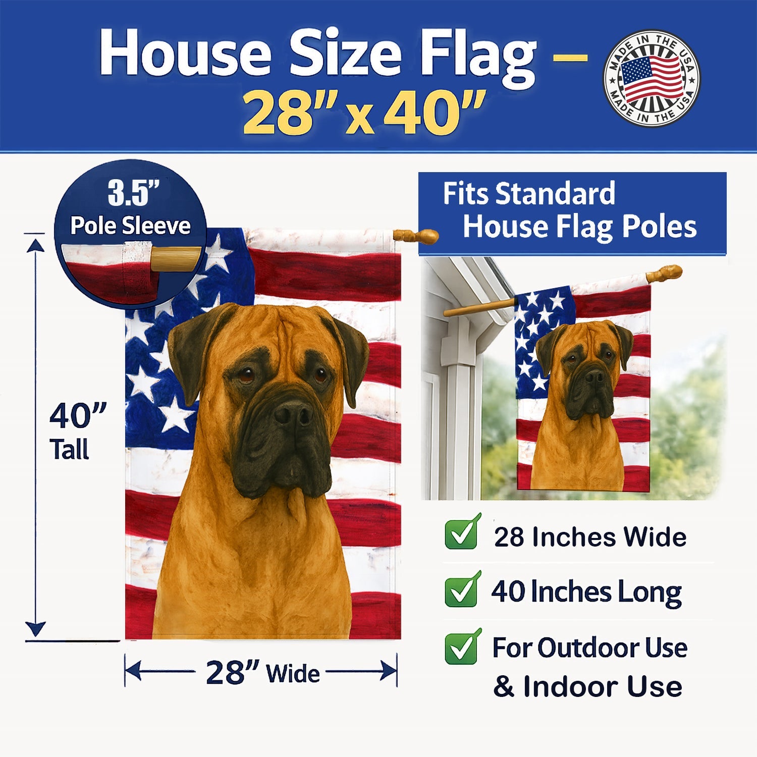 Fawn Bullmastiff American Flag House Flag 28x40 Porch Sleeve Pole Decorative Outside Yard Banner Artwork Wall Hanging, Polyester