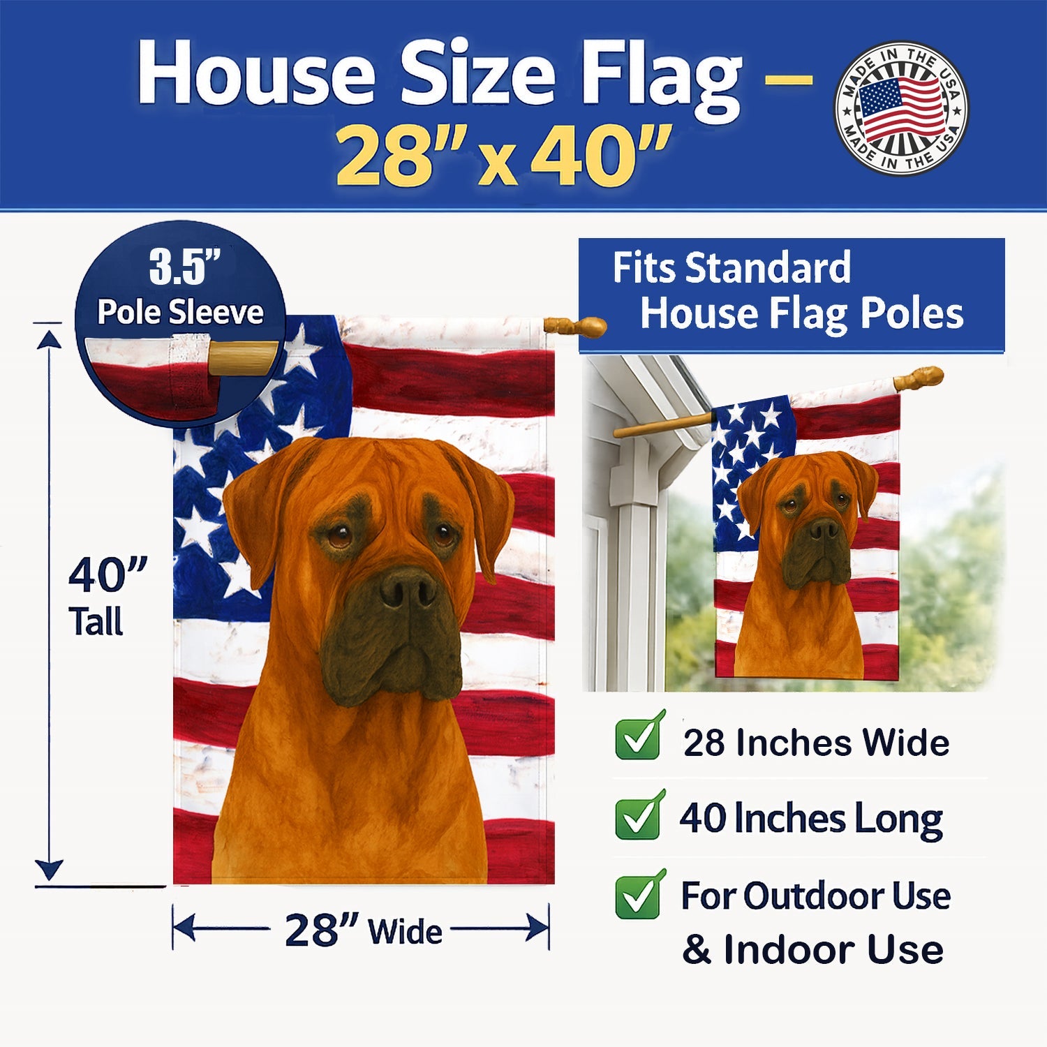 Red Bullmastiff American Flag House Flag 28x40 Porch Sleeve Pole Decorative Outside Yard Banner Artwork Wall Hanging, Polyester