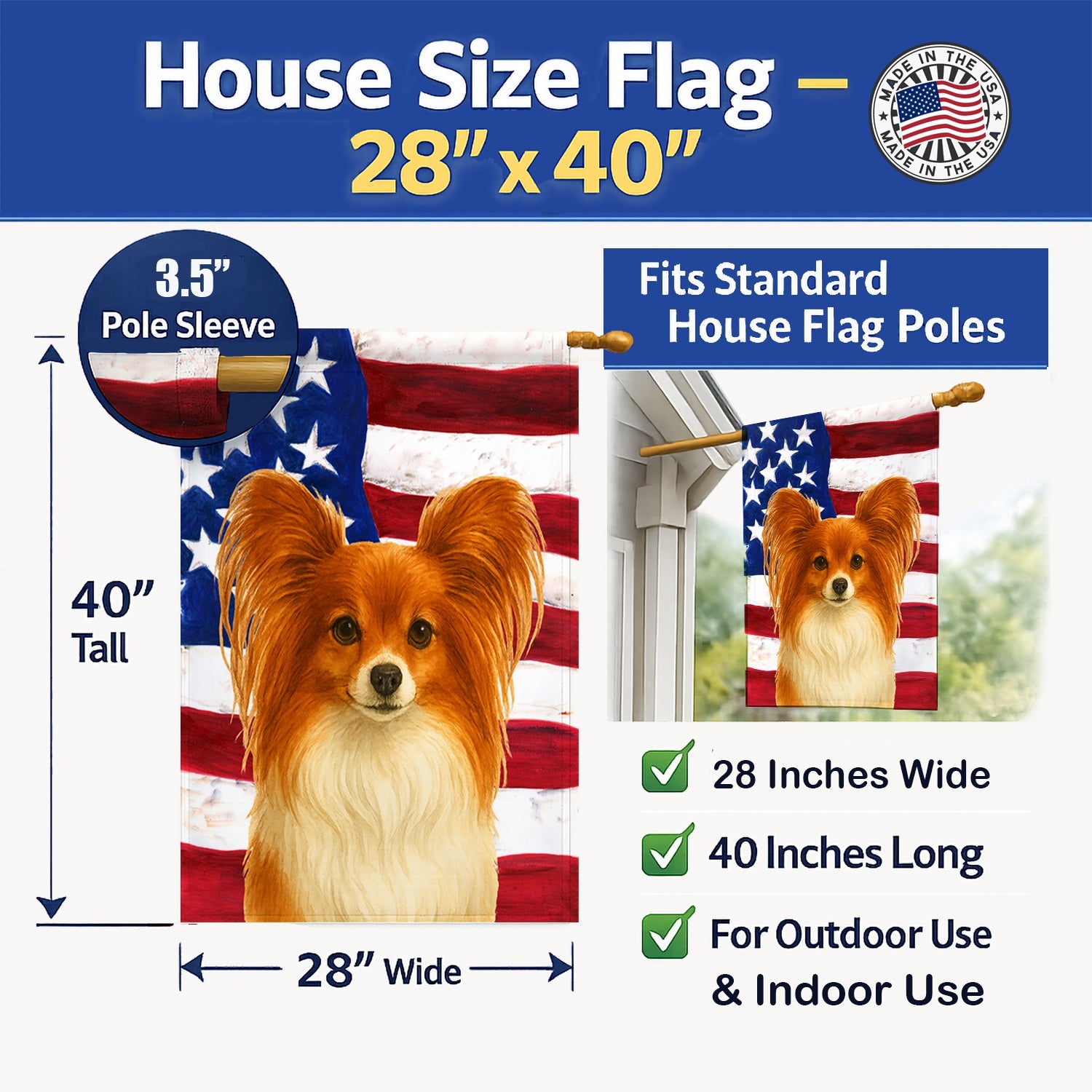 Red Papillon American Flag House Flag 28x40 Porch Sleeve Pole Decorative Outside Yard Banner Artwork Wall Hanging, Polyester