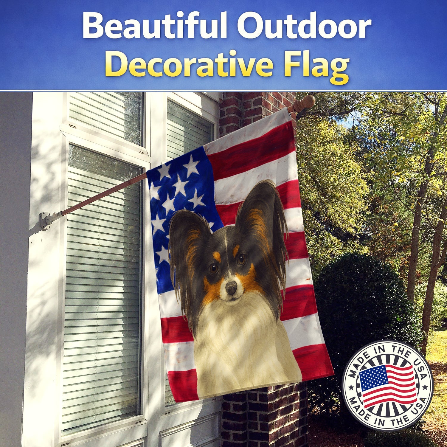 White with Black and Tan Papillon American Flag House Flag 28x40 Porch Sleeve Pole Decorative Outside Yard Banner Artwork Wall Hanging, Polyester