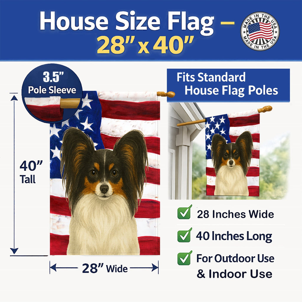 White with Black and Tan Papillon American Flag House Flag 28x40 Porch Sleeve Pole Decorative Outside Yard Banner Artwork Wall Hanging, Polyester