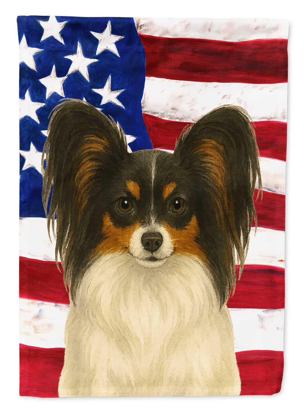 White with Black and Tan Papillon American Flag House Flag 28x40 Porch Sleeve Pole Decorative Outside Yard Banner Artwork Wall Hanging, Polyester