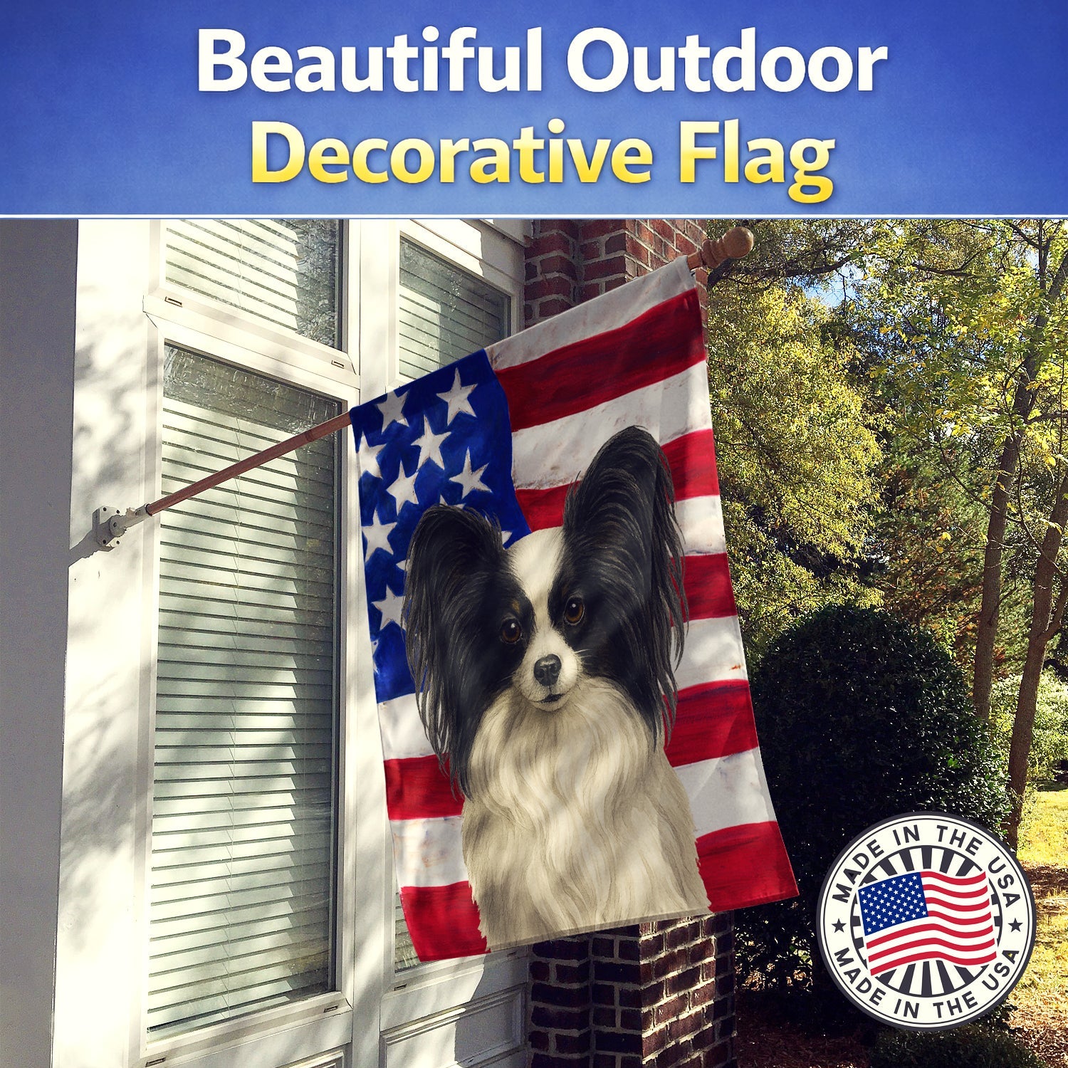 White with Black Papillon American Flag House Flag 28x40 Porch Sleeve Pole Decorative Outside Yard Banner Artwork Wall Hanging, Polyester