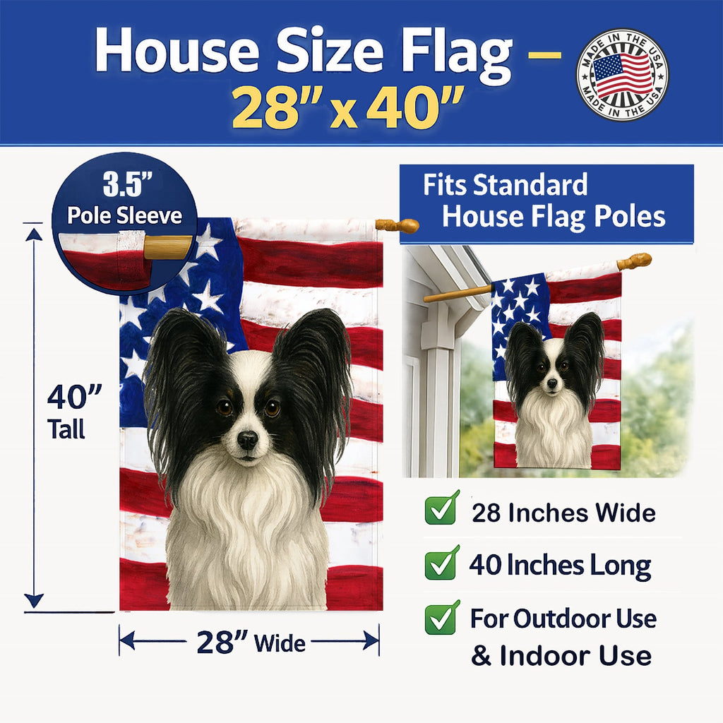 White with Black Papillon American Flag House Flag 28x40 Porch Sleeve Pole Decorative Outside Yard Banner Artwork Wall Hanging, Polyester