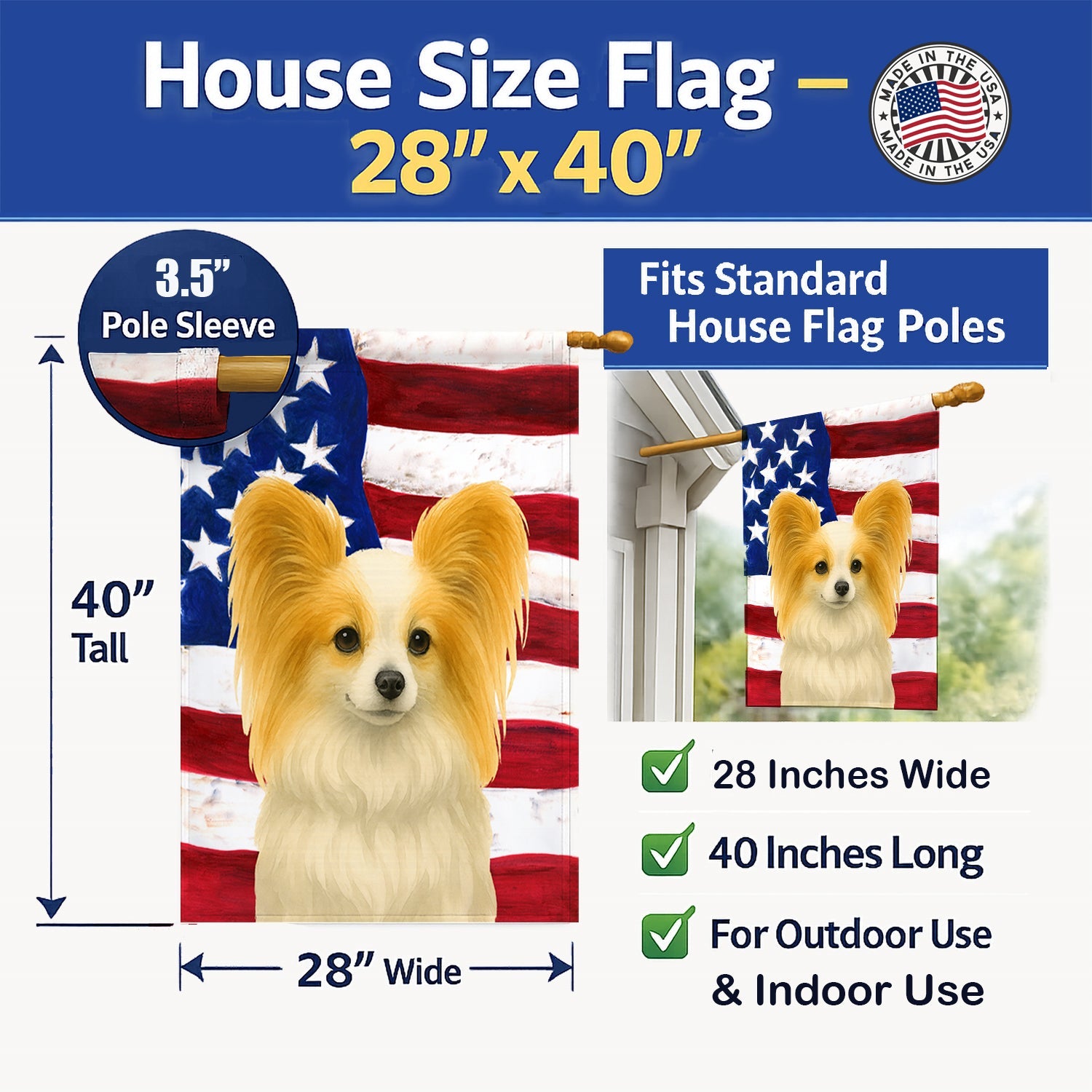 White with Lemon Papillon American Flag House Flag 28x40 Porch Sleeve Pole Decorative Outside Yard Banner Artwork Wall Hanging, Polyester