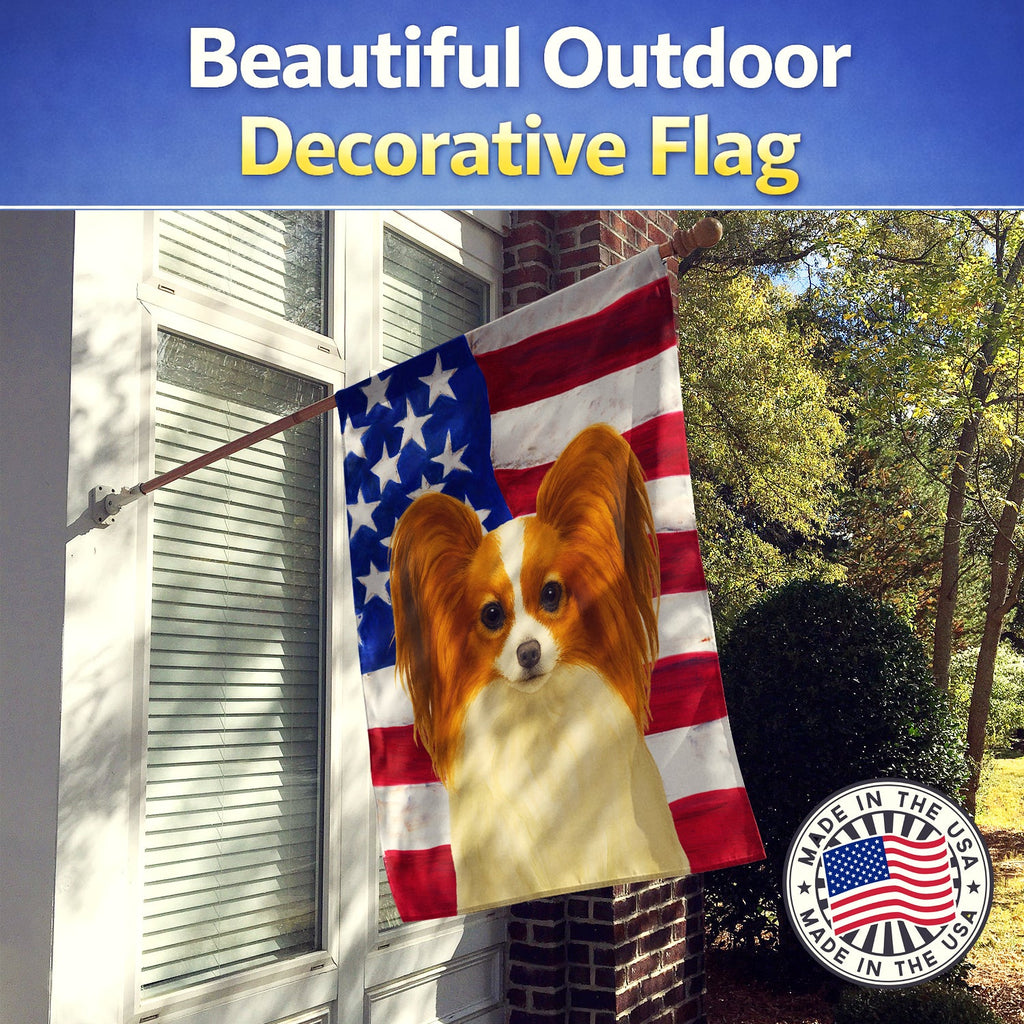 White with Red Papillon American Flag House Flag 28x40 Porch Sleeve Pole Decorative Outside Yard Banner Artwork Wall Hanging, Polyester