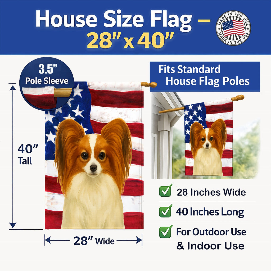 White with Red Papillon American Flag House Flag 28x40 Porch Sleeve Pole Decorative Outside Yard Banner Artwork Wall Hanging, Polyester