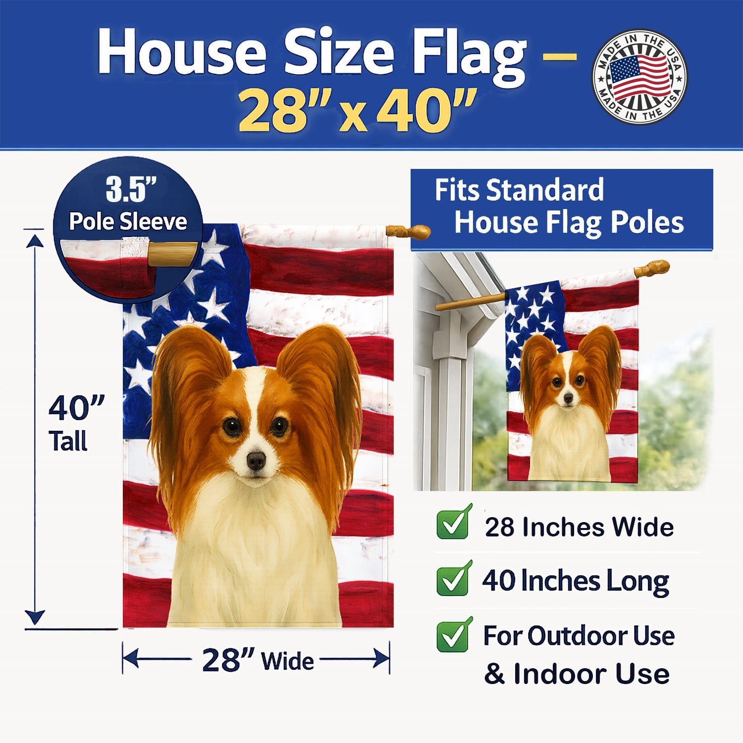 White with Red Papillon American Flag House Flag 28x40 Porch Sleeve Pole Decorative Outside Yard Banner Artwork Wall Hanging, Polyester