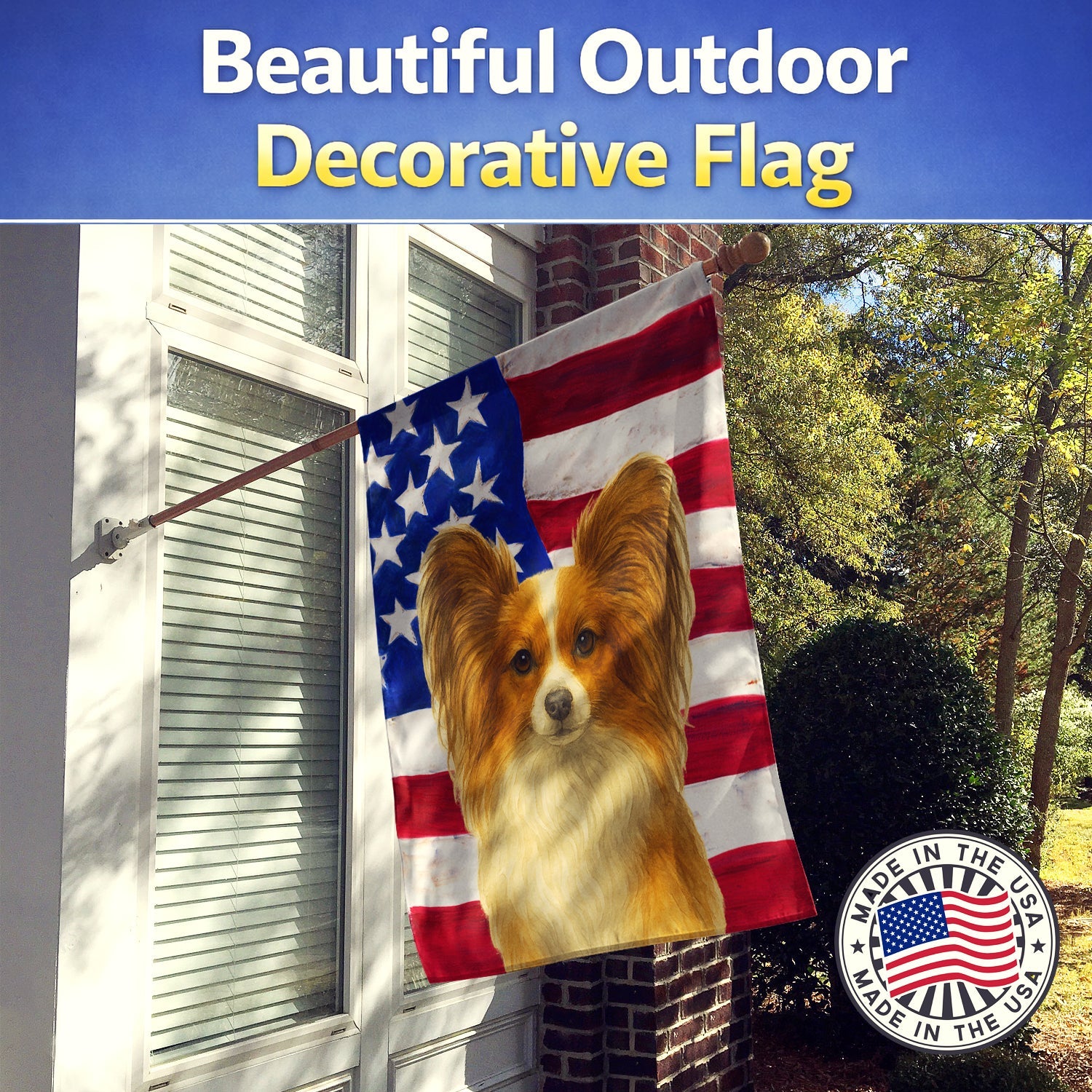 White with Sable Papillon American Flag House Flag 28x40 Porch Sleeve Pole Decorative Outside Yard Banner Artwork Wall Hanging, Polyester