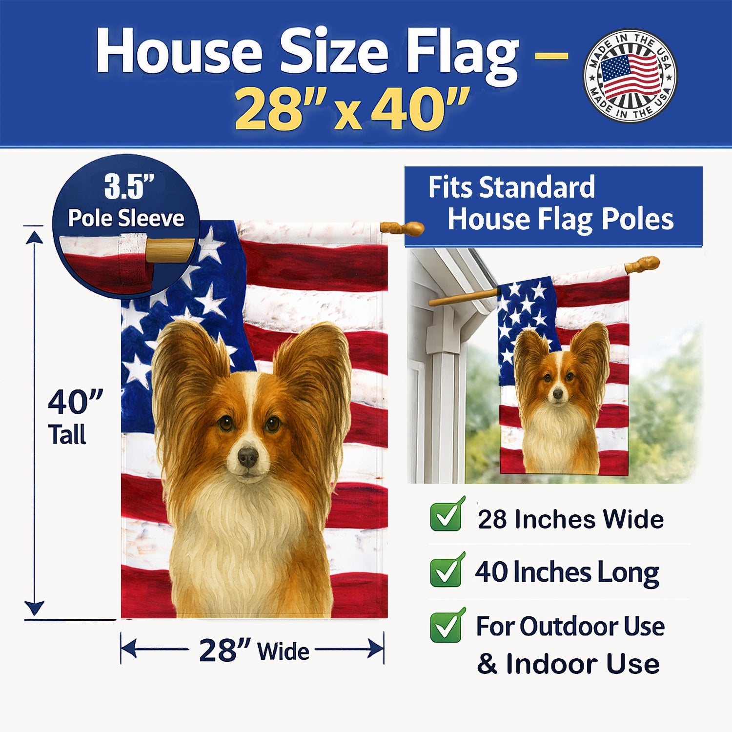 White with Sable Papillon American Flag House Flag 28x40 Porch Sleeve Pole Decorative Outside Yard Banner Artwork Wall Hanging, Polyester