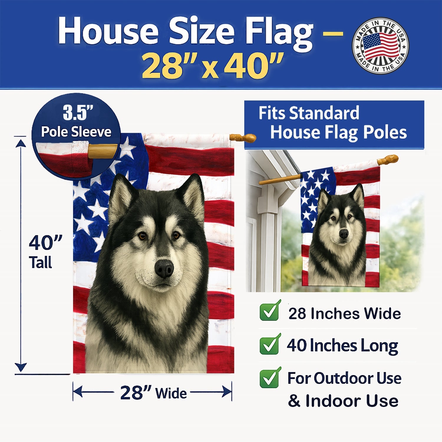 Black and White Alaskan Malamute American Flag House Flag 28x40 Porch Sleeve Pole Decorative Outside Yard Banner Artwork Wall Hanging, Polyester