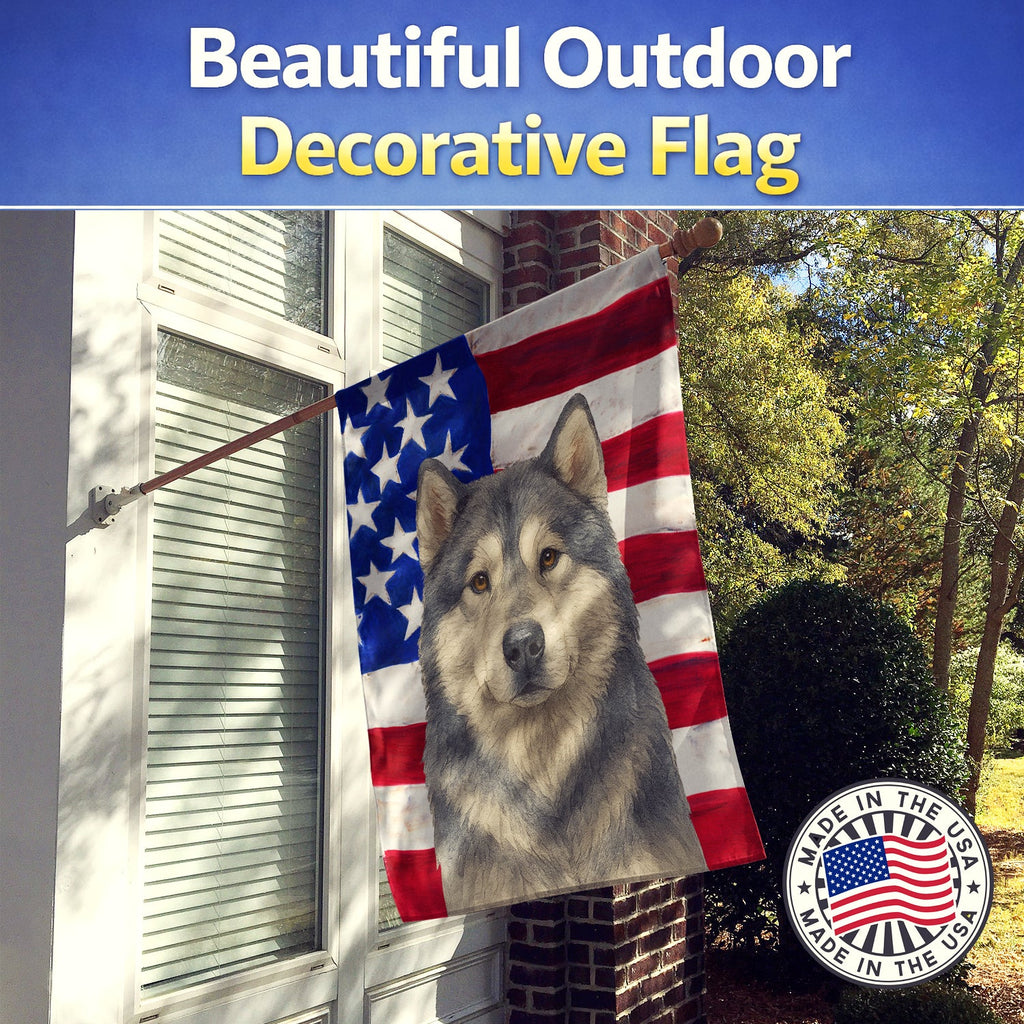 Gray and White Alaskan Malamute American Flag House Flag 28x40 Porch Sleeve Pole Decorative Outside Yard Banner Artwork Wall Hanging, Polyester