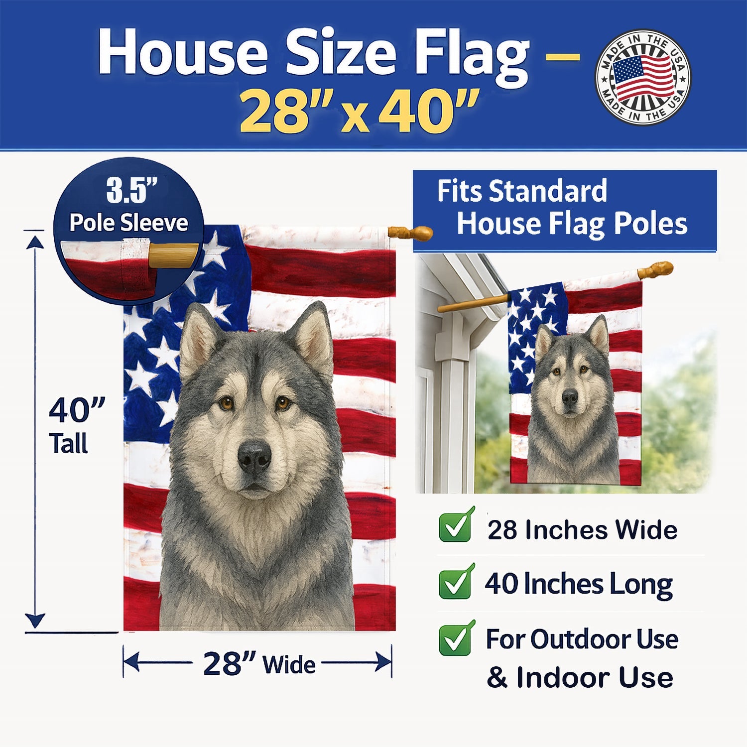Gray and White Alaskan Malamute American Flag House Flag 28x40 Porch Sleeve Pole Decorative Outside Yard Banner Artwork Wall Hanging, Polyester