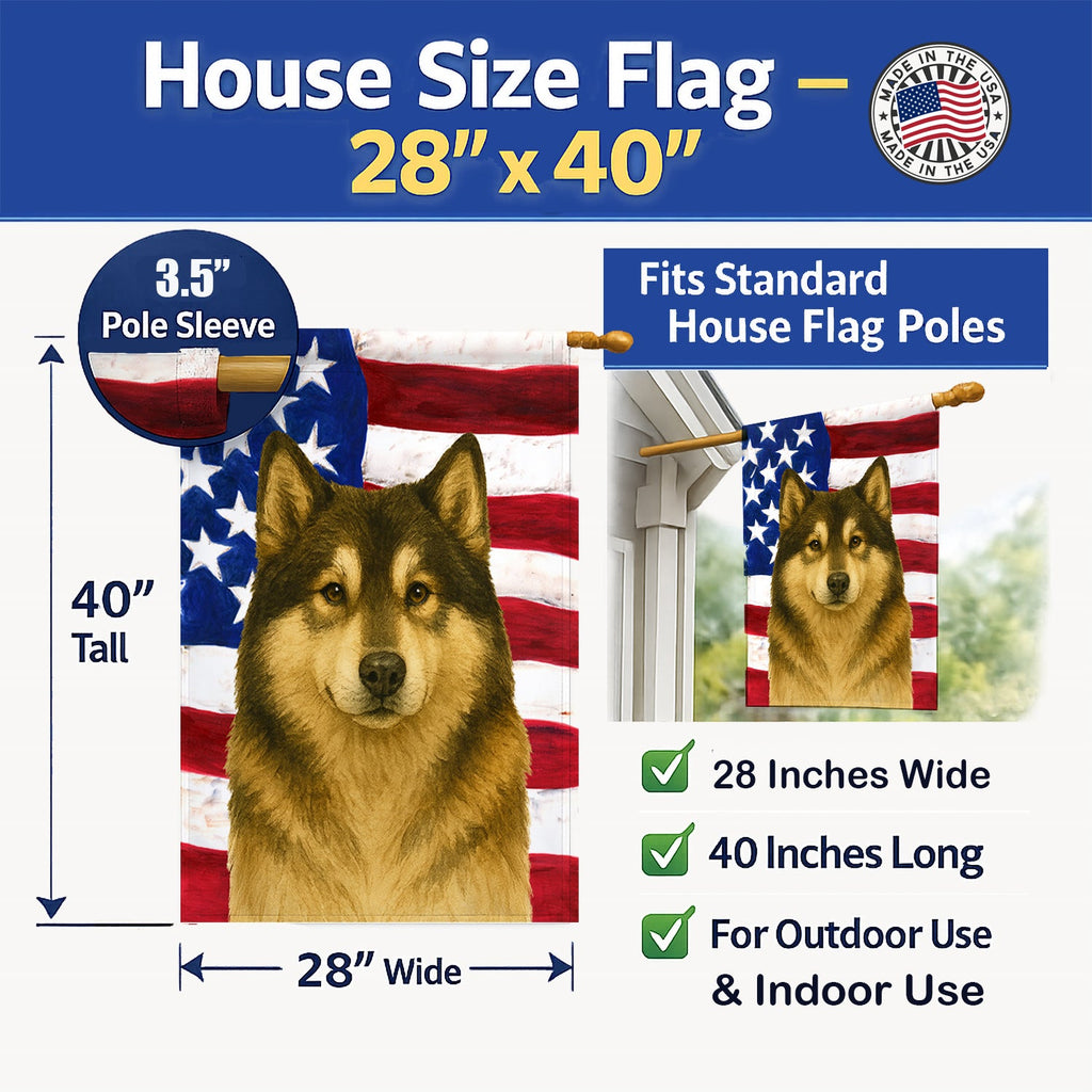Sable and White Alaskan Malamute American Flag House Flag 28x40 Porch Sleeve Pole Decorative Outside Yard Banner Artwork Wall Hanging, Polyester