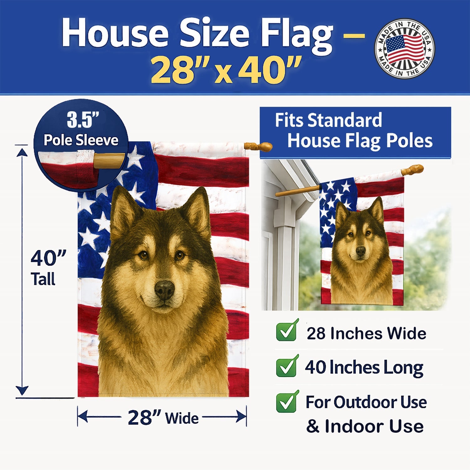 Sable and White Alaskan Malamute American Flag House Flag 28x40 Porch Sleeve Pole Decorative Outside Yard Banner Artwork Wall Hanging, Polyester