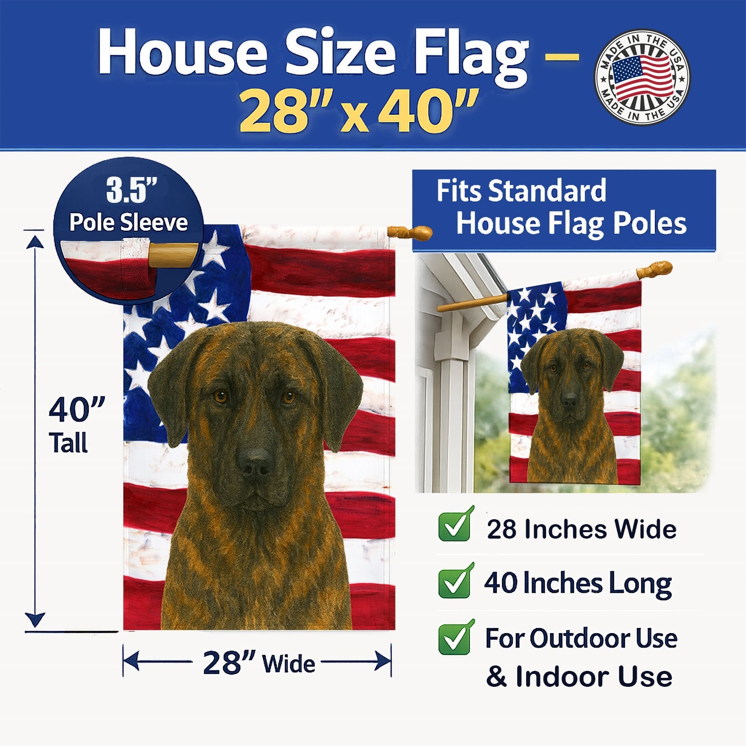 Brindle Anatolian Shepherd Dog American Flag House Flag 28x40 Porch Sleeve Pole Decorative Outside Yard Banner Artwork Wall Hanging, Polyester