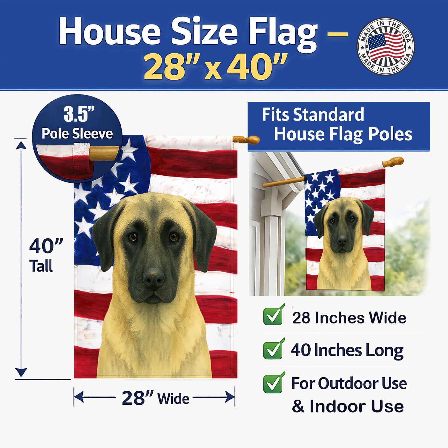 Fawn Anatolian Shepherd Dog American Flag House Flag 28x40 Porch Sleeve Pole Decorative Outside Yard Banner Artwork Wall Hanging, Polyester