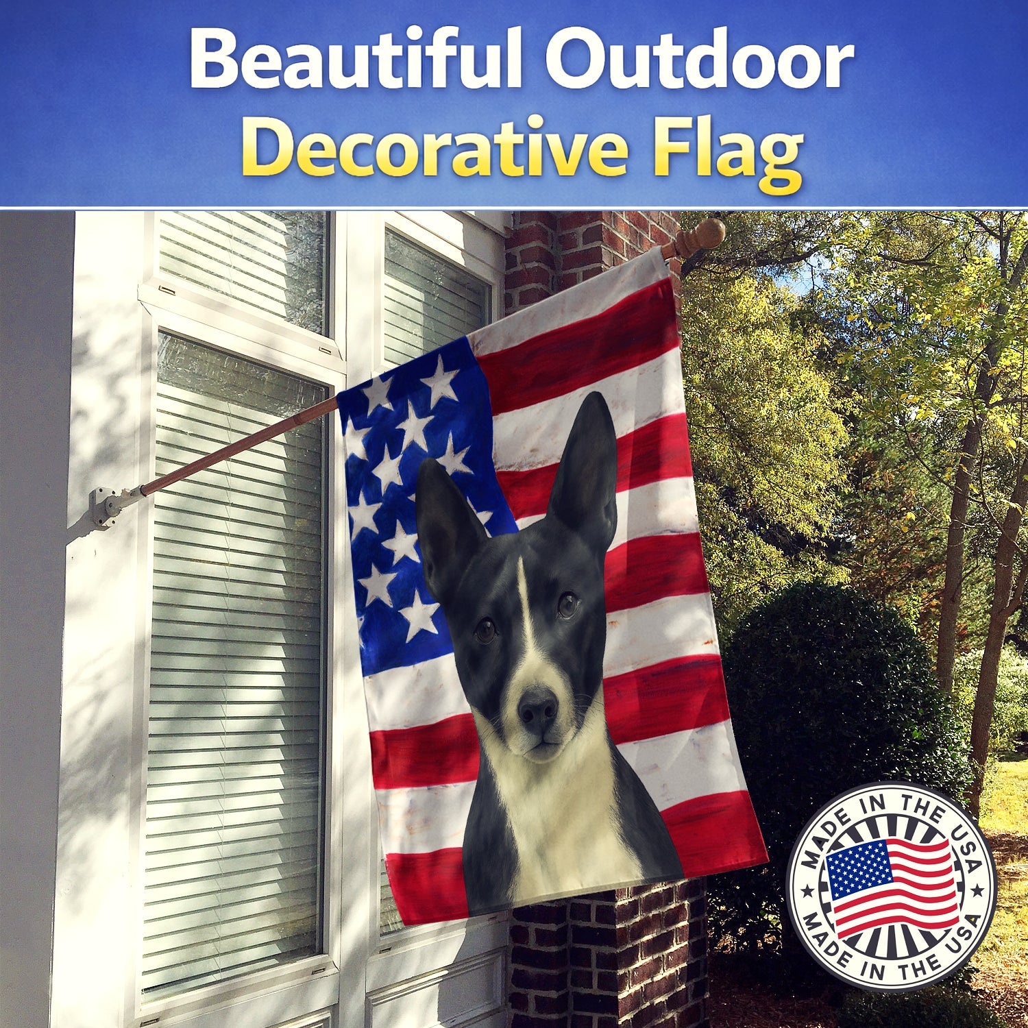 Black and White Basenji American Flag House Flag 28x40 Porch Sleeve Pole Decorative Outside Yard Banner Artwork Wall Hanging, Polyester