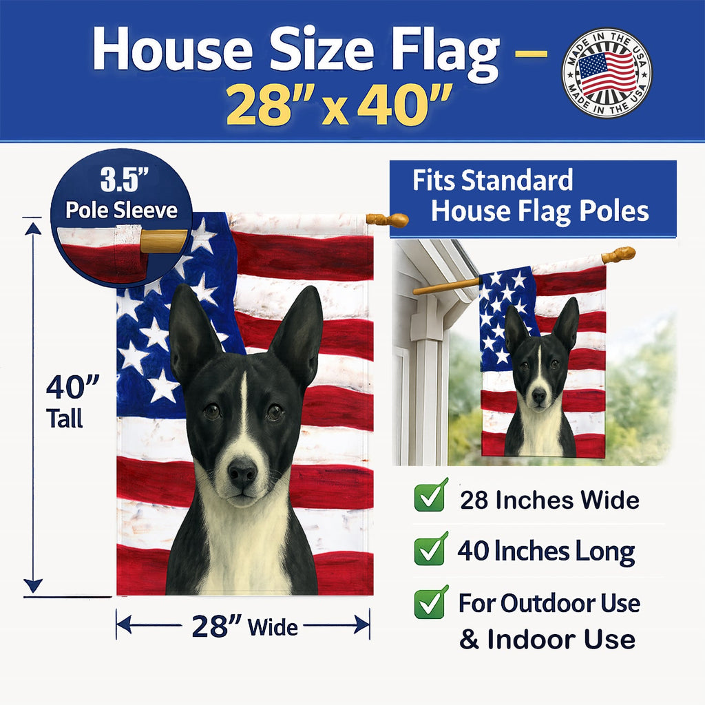 Black and White Basenji American Flag House Flag 28x40 Porch Sleeve Pole Decorative Outside Yard Banner Artwork Wall Hanging, Polyester