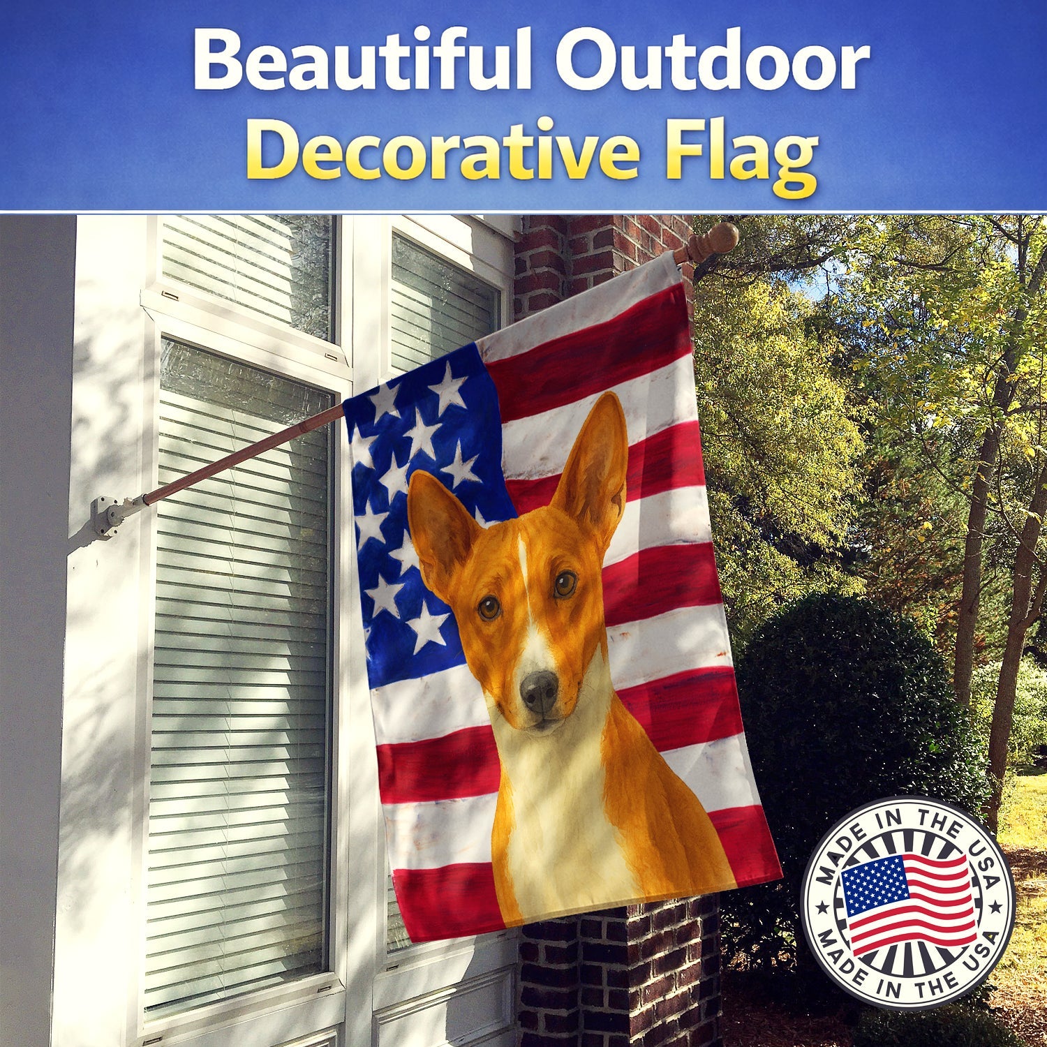 Red and White Basenji American Flag House Flag 28x40 Porch Sleeve Pole Decorative Outside Yard Banner Artwork Wall Hanging, Polyester
