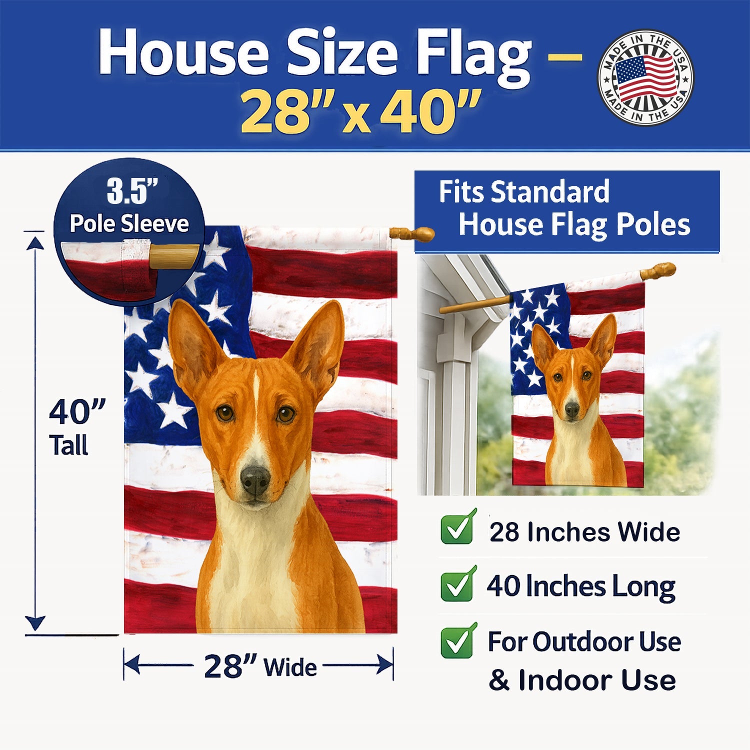 Red and White Basenji American Flag House Flag 28x40 Porch Sleeve Pole Decorative Outside Yard Banner Artwork Wall Hanging, Polyester