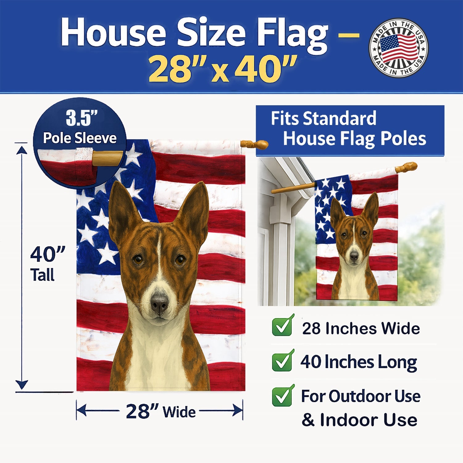 Brindle and White Basenji American Flag House Flag 28x40 Porch Sleeve Pole Decorative Outside Yard Banner Artwork Wall Hanging, Polyester