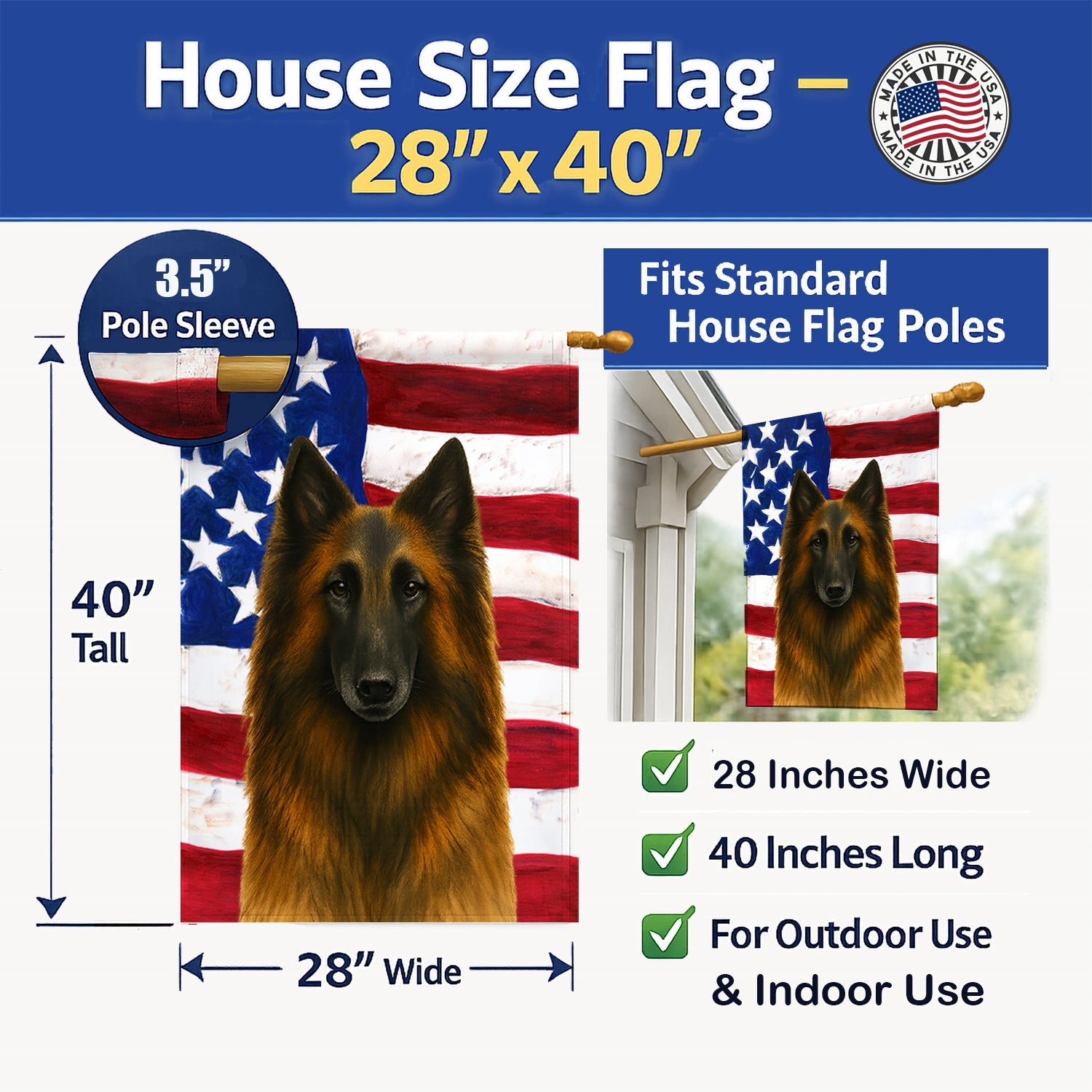 Belgian Tervuren American Flag House Flag 28x40 Porch Sleeve Pole Decorative Outside Yard Banner Artwork Wall Hanging, Polyester