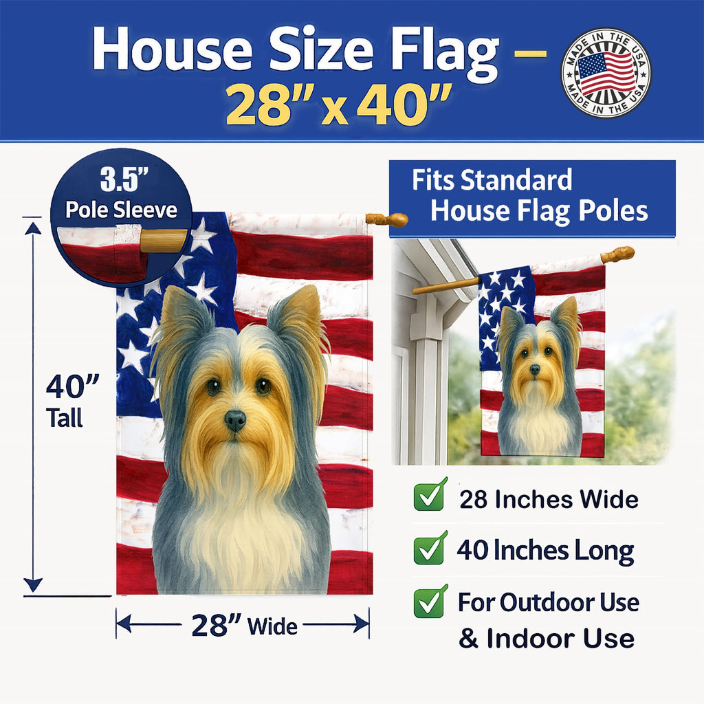 Blue and Gold Biewer Terrier American Flag House Flag 28x40 Porch Sleeve Pole Decorative Outside Yard Banner Artwork Wall Hanging, Polyester