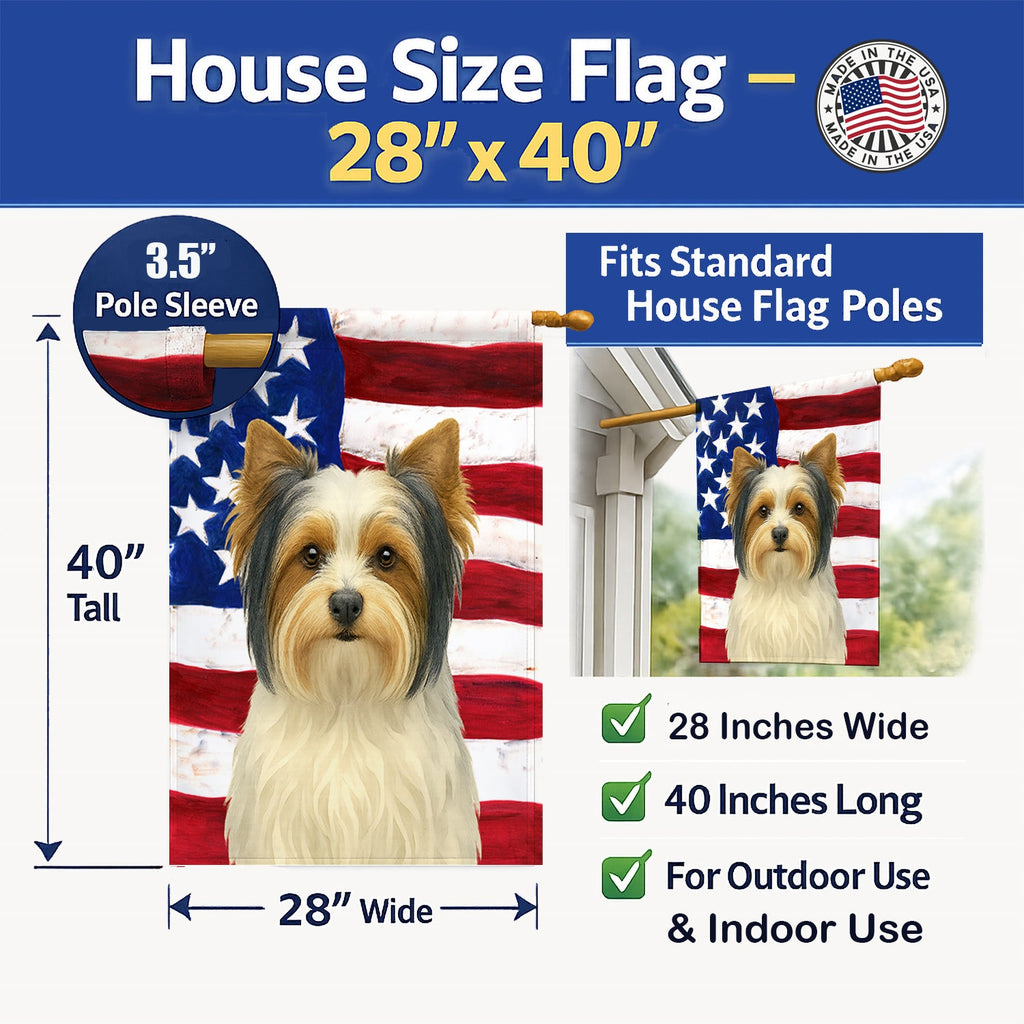 White Biewer Terrier American Flag House Flag 28x40 Porch Sleeve Pole Decorative Outside Yard Banner Artwork Wall Hanging, Polyester