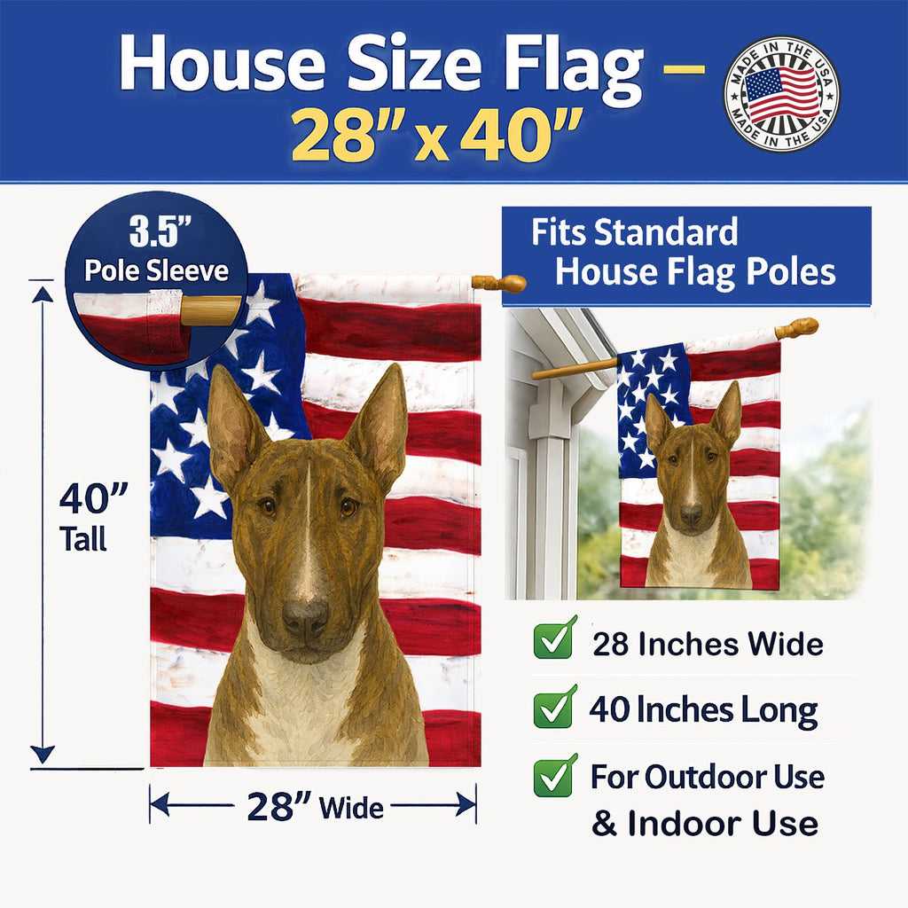 Brindle and White Bull Terrier American Flag House Flag 28x40 Porch Sleeve Pole Decorative Outside Yard Banner Artwork Wall Hanging, Polyester
